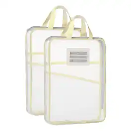Unique Bargains - 2pcs Mesh Zipper Pouch 12.4x9.3 Inch Transparent Multi-layer A4 File Organizer with Handle and Support Rod for Home - Beige