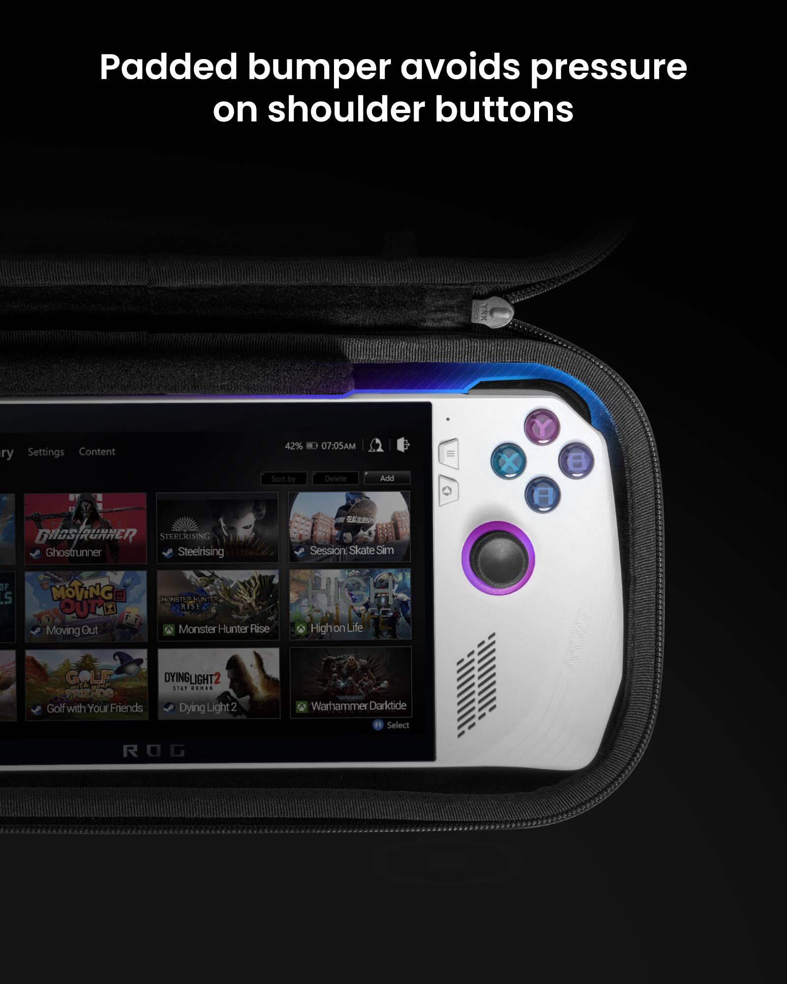 Padded bumper avoids pressure on shoulder buttons.