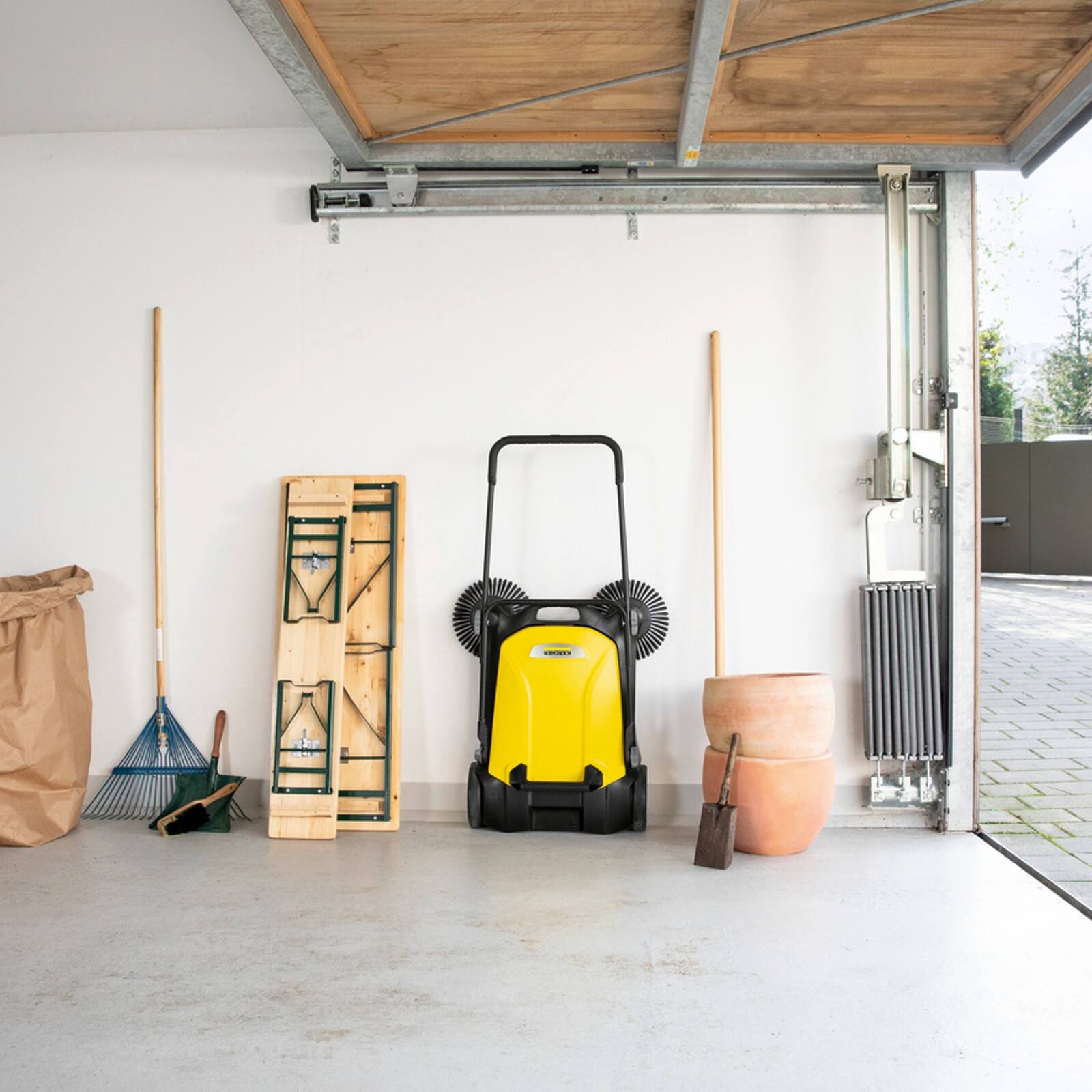 Back. Karcher - S 4 Twin Outdoor Push Sweeper, 5.25 Gallon, Walk-Behind Street Sweeper.