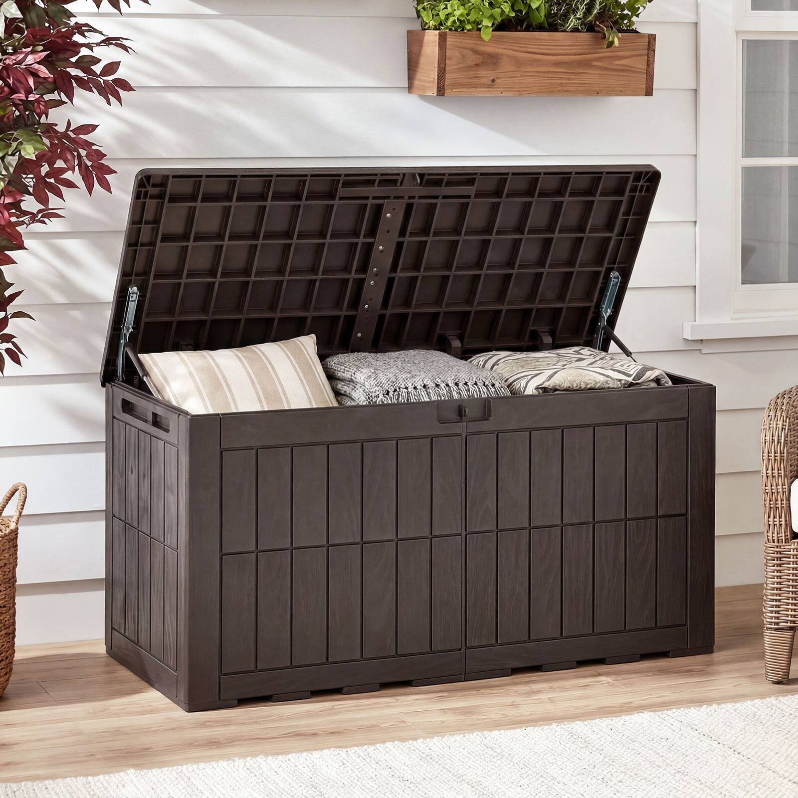 Alt View 1. Costway - Costway 100 Gal Outdoor Deck Box, All-Weather Lockable Storage Bin with Lid and Handles - Dark Brown.