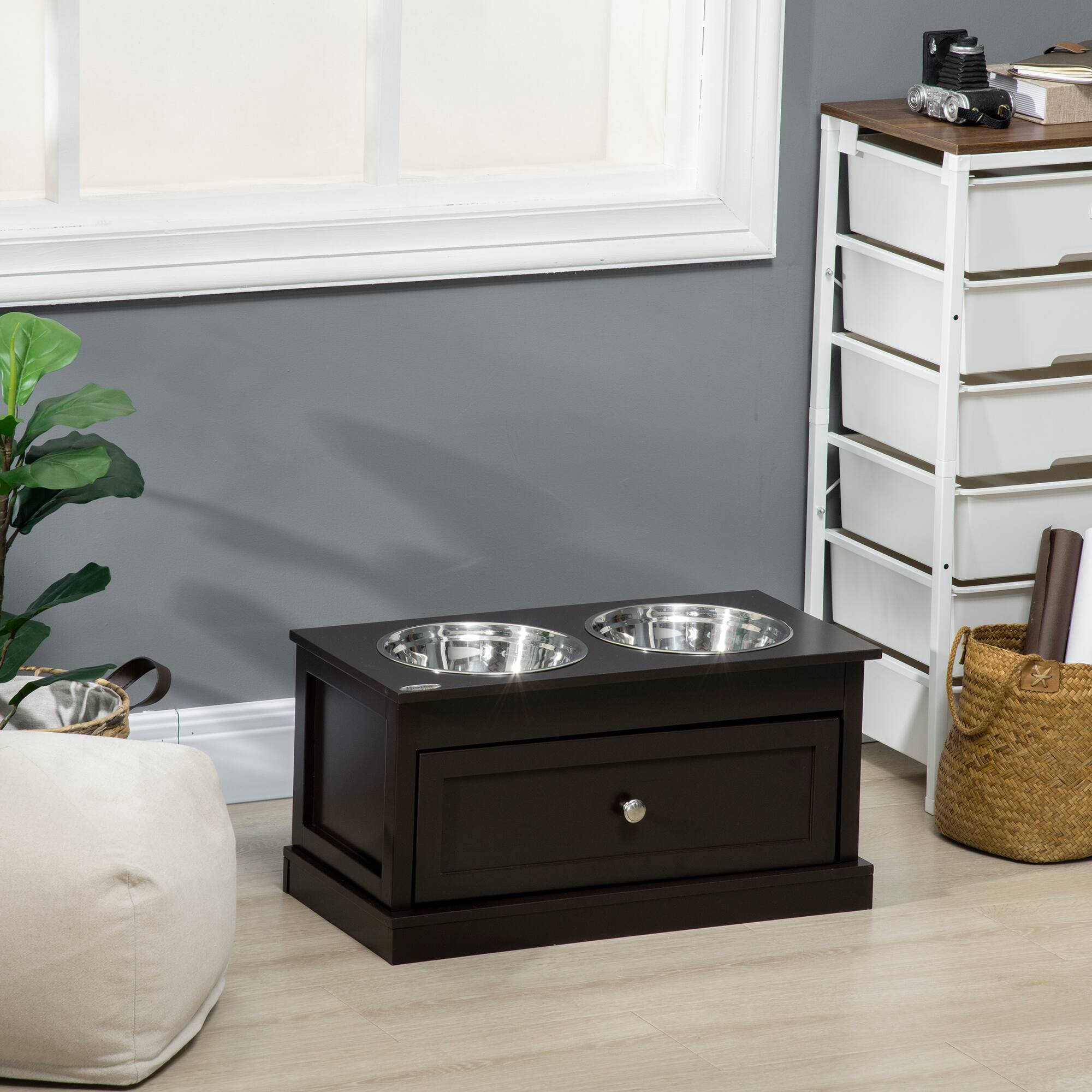 Alt View 1. Pawhut - Elevated Dog Bowls with Storage Drawer Containing 11L Capacity - Coffee Brown.