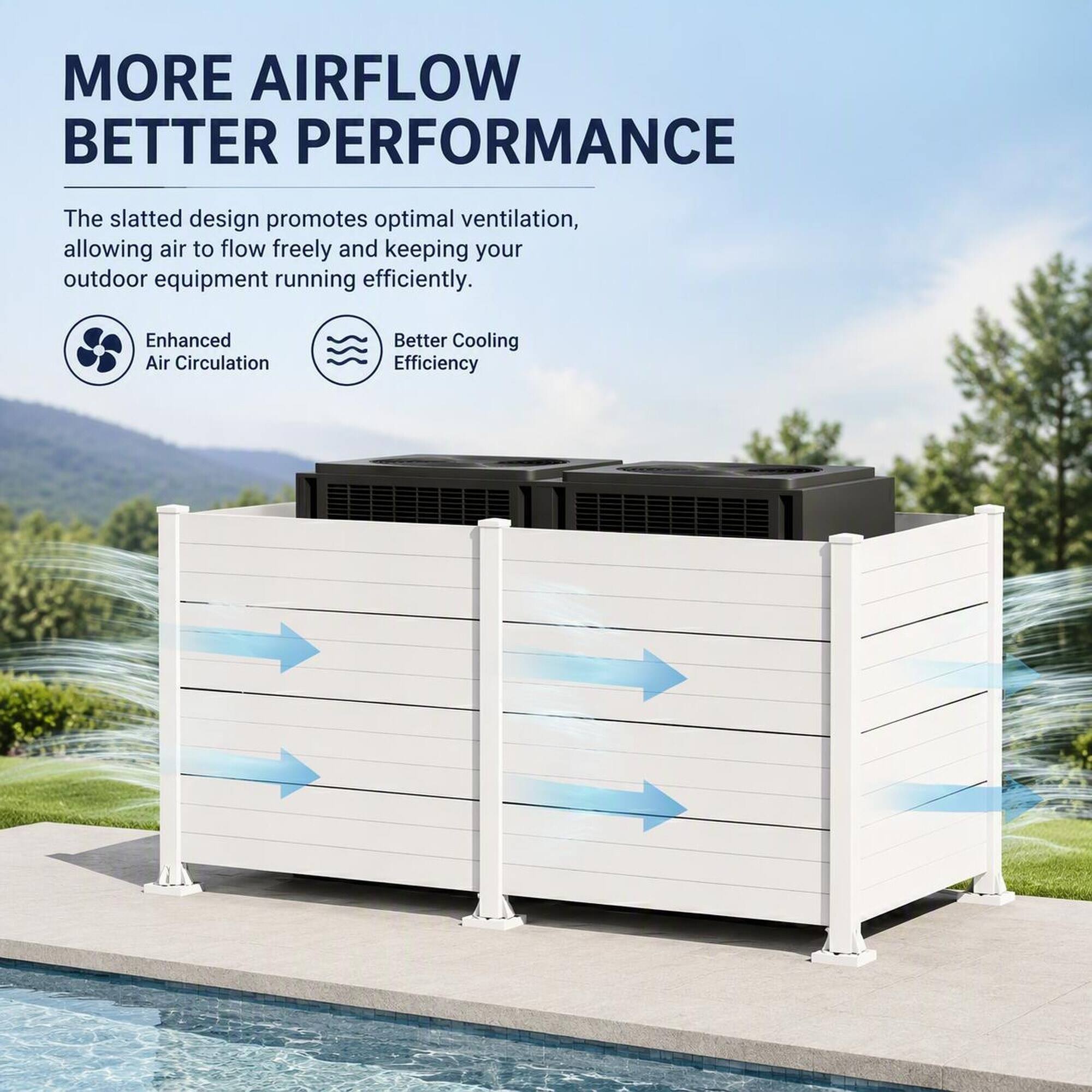MORE AIRFLOW BETTER PERFORMANCE

The slatted design promotes optimal ventilation, allowing air to flow freely and keeping your outdoor equipment running efficiently.

Enhanced Air Circulation
Better Cooling Efficiency