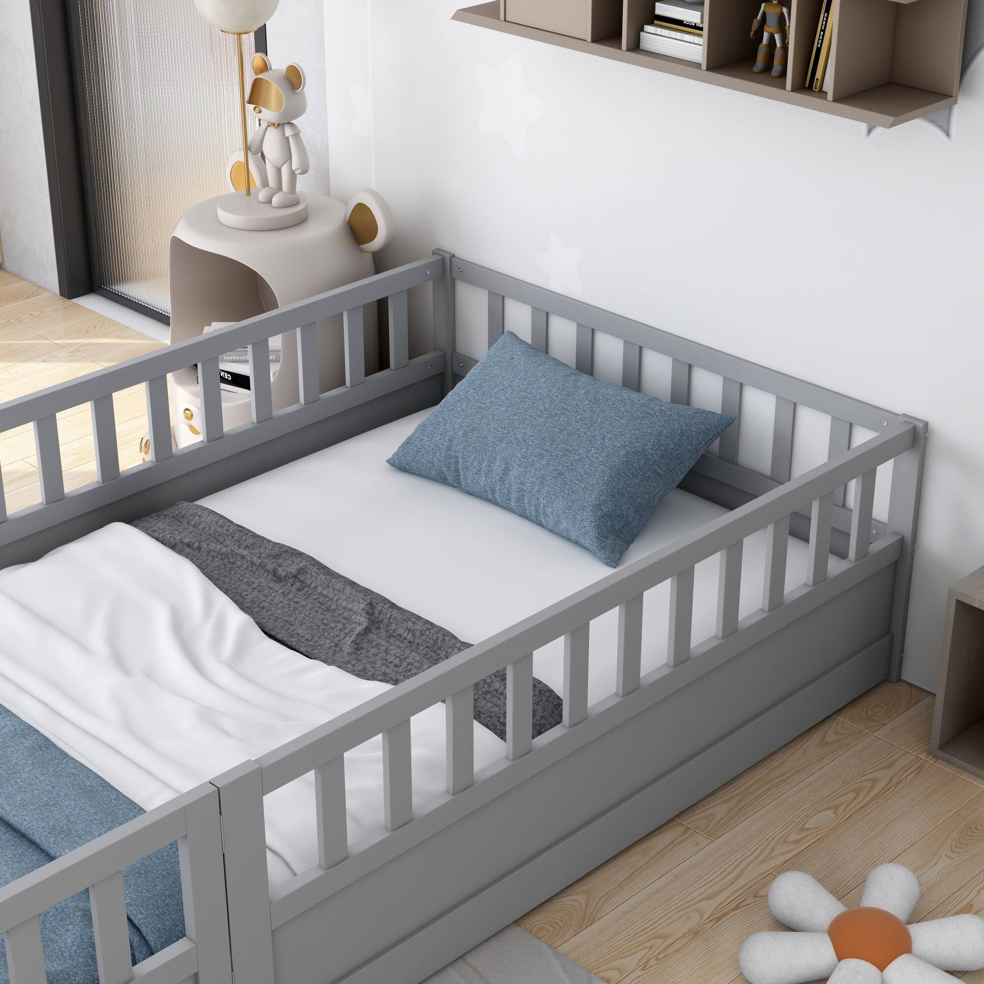 Alt View 5. GOODSILO - Twin Size Floor Bed with Safety Barrier and Door for Children, Montessori Inspired Wooden Frame - Grey.