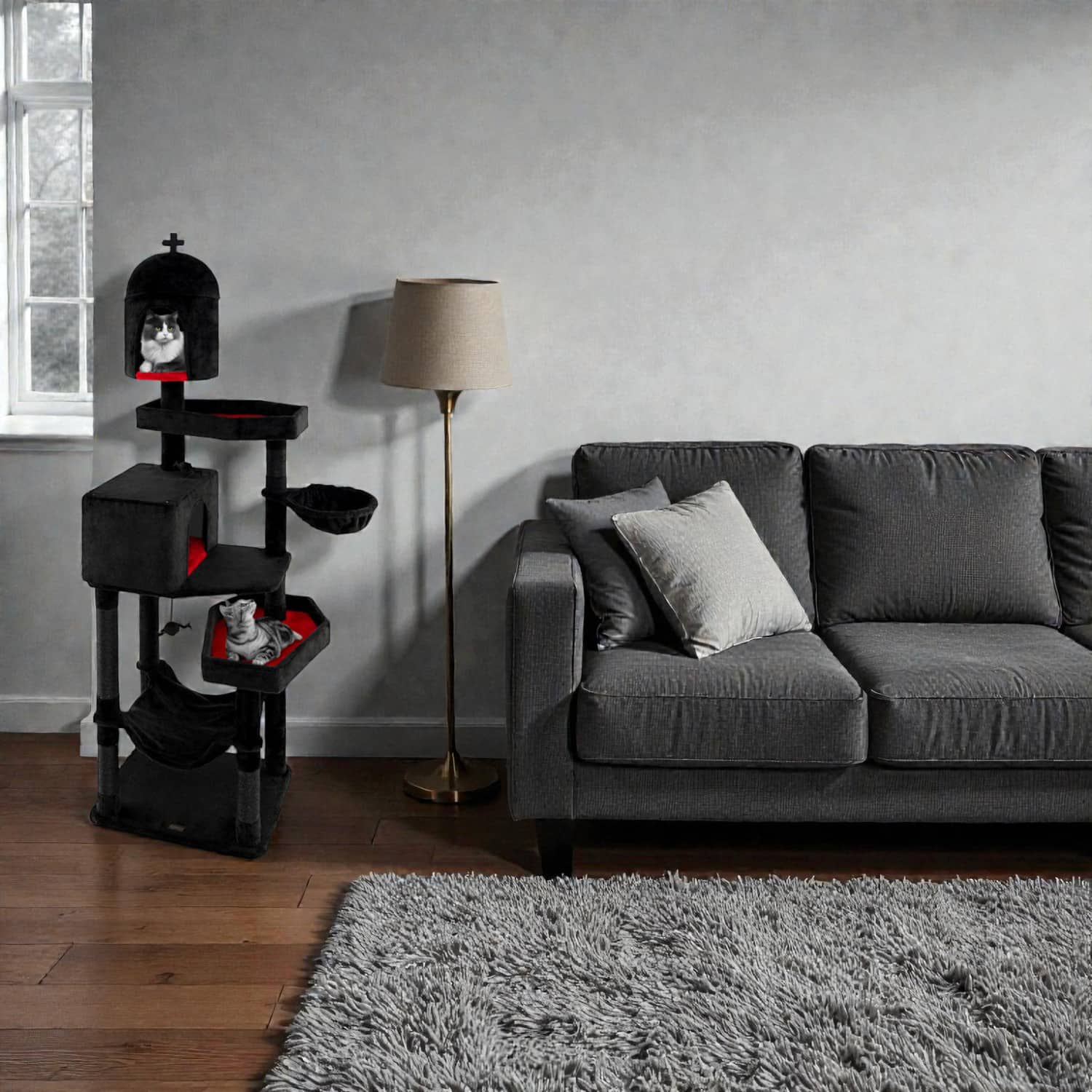 BreeBe - Indoor Gothic Cat Tree Featuring 2 Cozy Condos and Unique Coffin Bed - Black