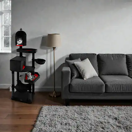 Front. BreeBe - Indoor Gothic Cat Tree Featuring 2 Cozy Condos and Unique Coffin Bed - Black.