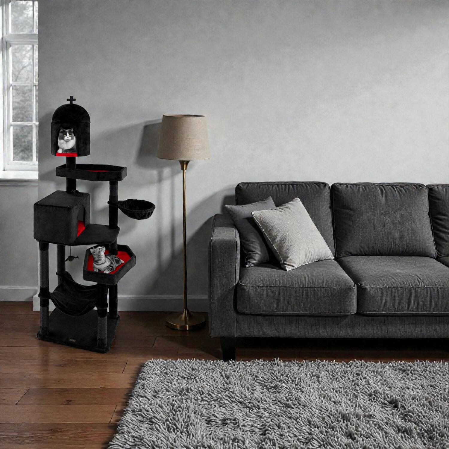 Front. BreeBe - Indoor Gothic Cat Tree Featuring 2 Cozy Condos and Unique Coffin Bed - Black.