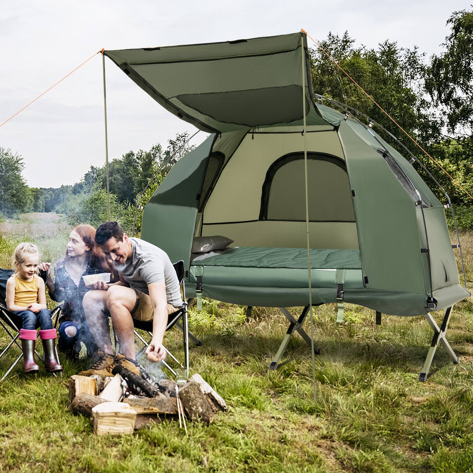Alt View 2. GOPLUS - Goplus Tent Cot, 5-in-1 Folding Camping Cot with Mattress & Pillows, Sleeping Bags, Sunshade - Green.