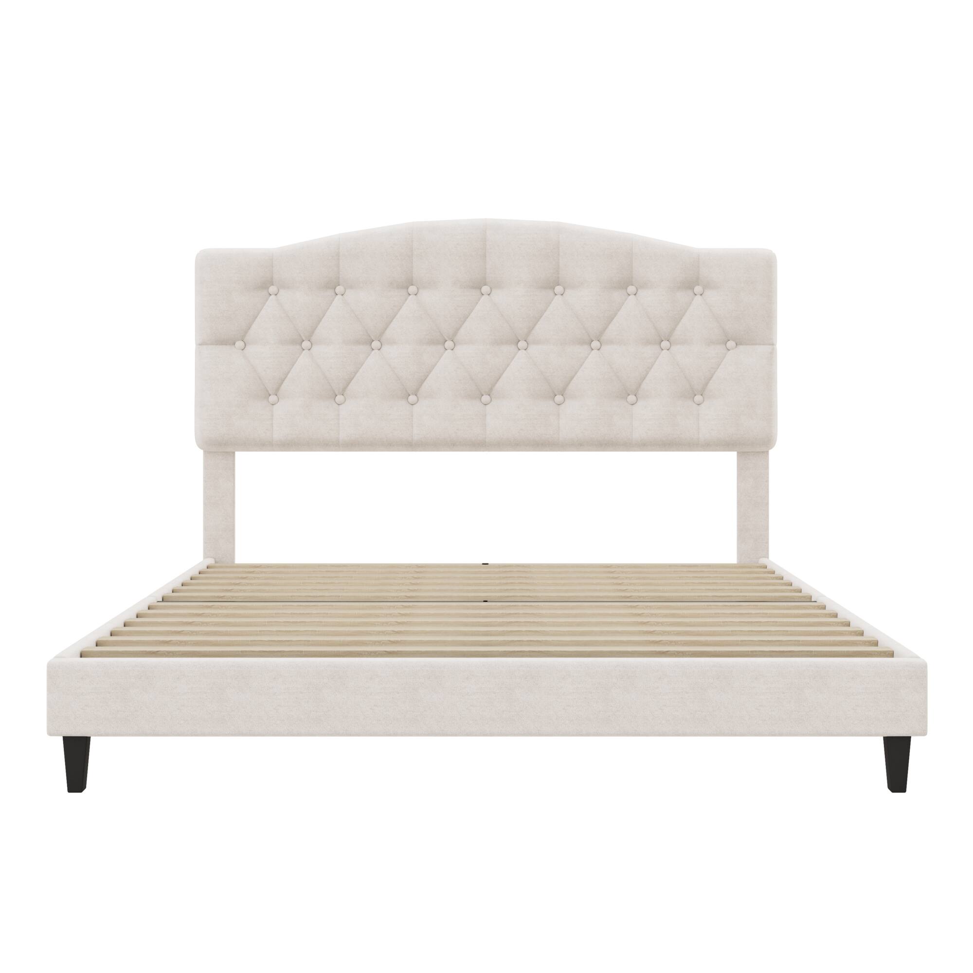 Alt View 5. GOODSILO - Upholstered Platform Bed with Adjustable Headboard and Diamond Tufted Details, Wooden Slats and Metal Support - Beige.