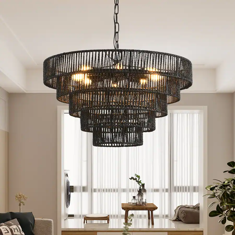 Light Fixture Rope Rustic Loheer 24 Inch Black Hemp Rope Chandelier, 5 Tier Rustic Pendant Light ...