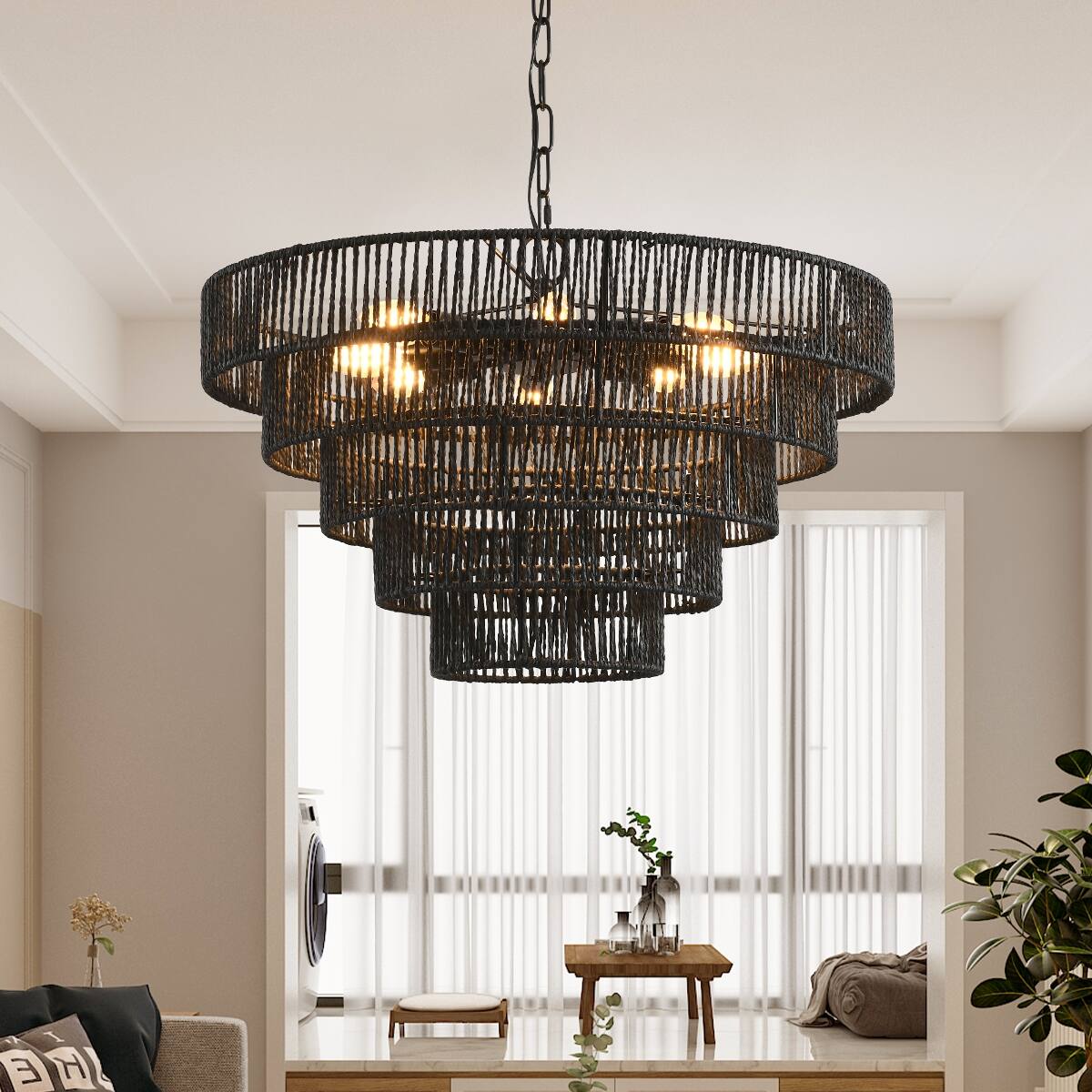 Loheer 24 Inch Black Hemp Rope Chandelier, 5 Tier Rustic Pendant Light ...