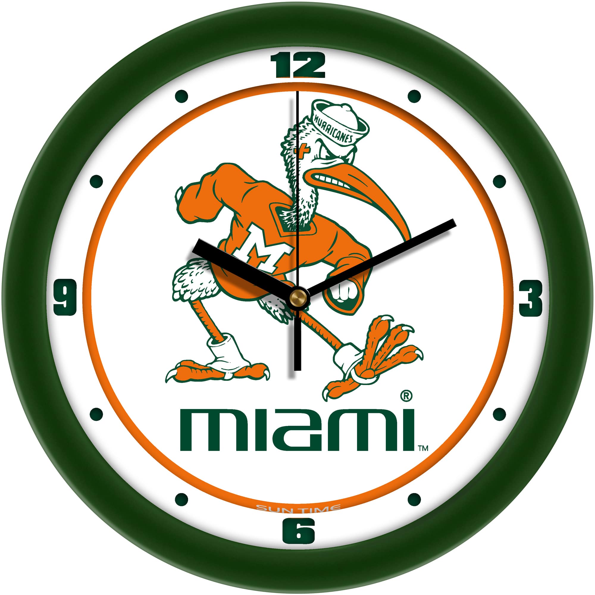 MpDirect - Miami Hurricanes 11.5'' Suntime Premium Glass Face Traditional Logo Wall Clock - Multicolor