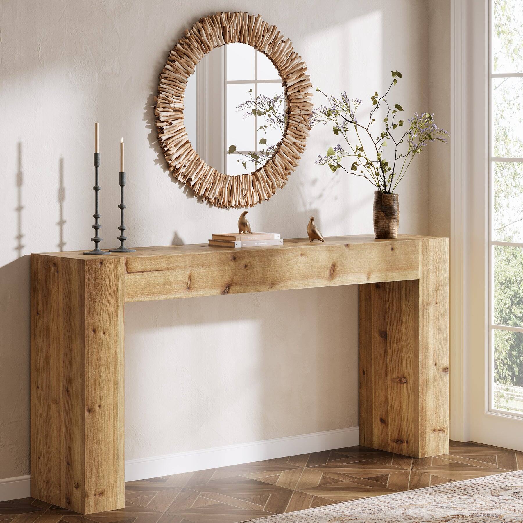 Angle. Tribesigns - Farmhouse Solid Wood Console Table with Rectangular Top for Entryway, Hallway and Living Room - Light Brown.