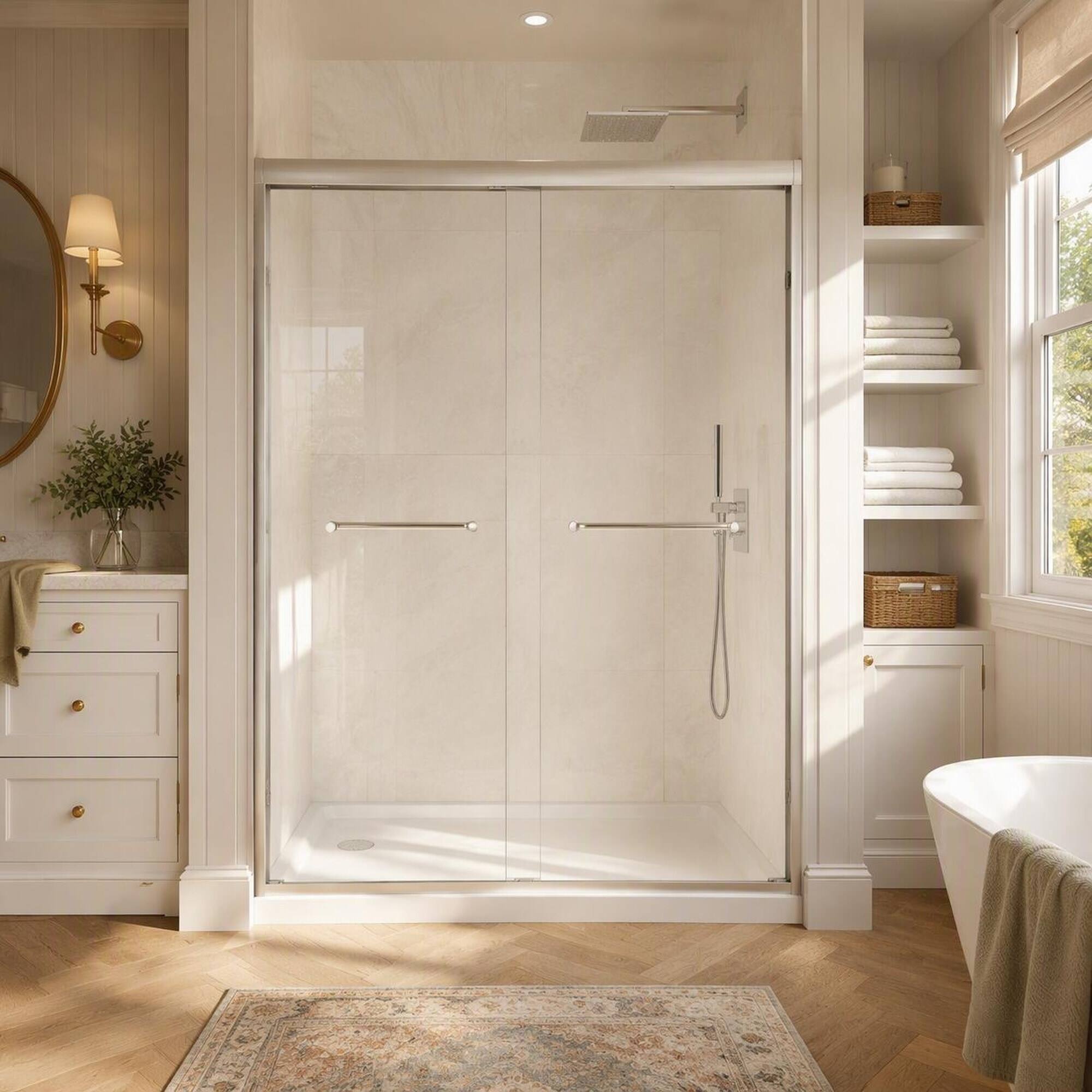 Left. RYHNUYNE - 56-60" X 72" Aluminum Frame Double Sliding Shower Door With 1/4" Tempered Glass, Brushed Nickel Steel Handle - Brushed Nickel.