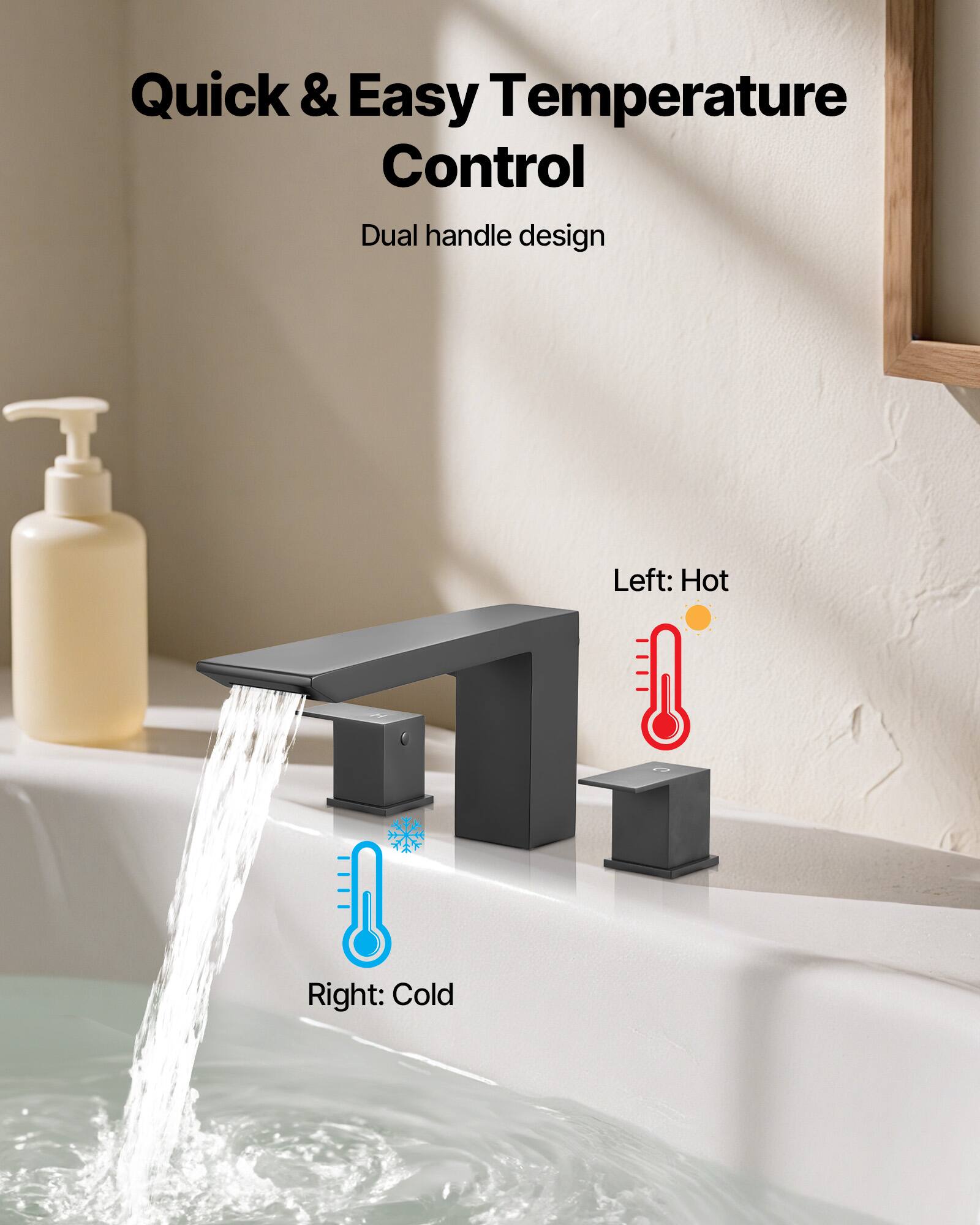 Quick & Easy Temperature Control  
Dual handle design  

Left: Hot  
Right: Cold