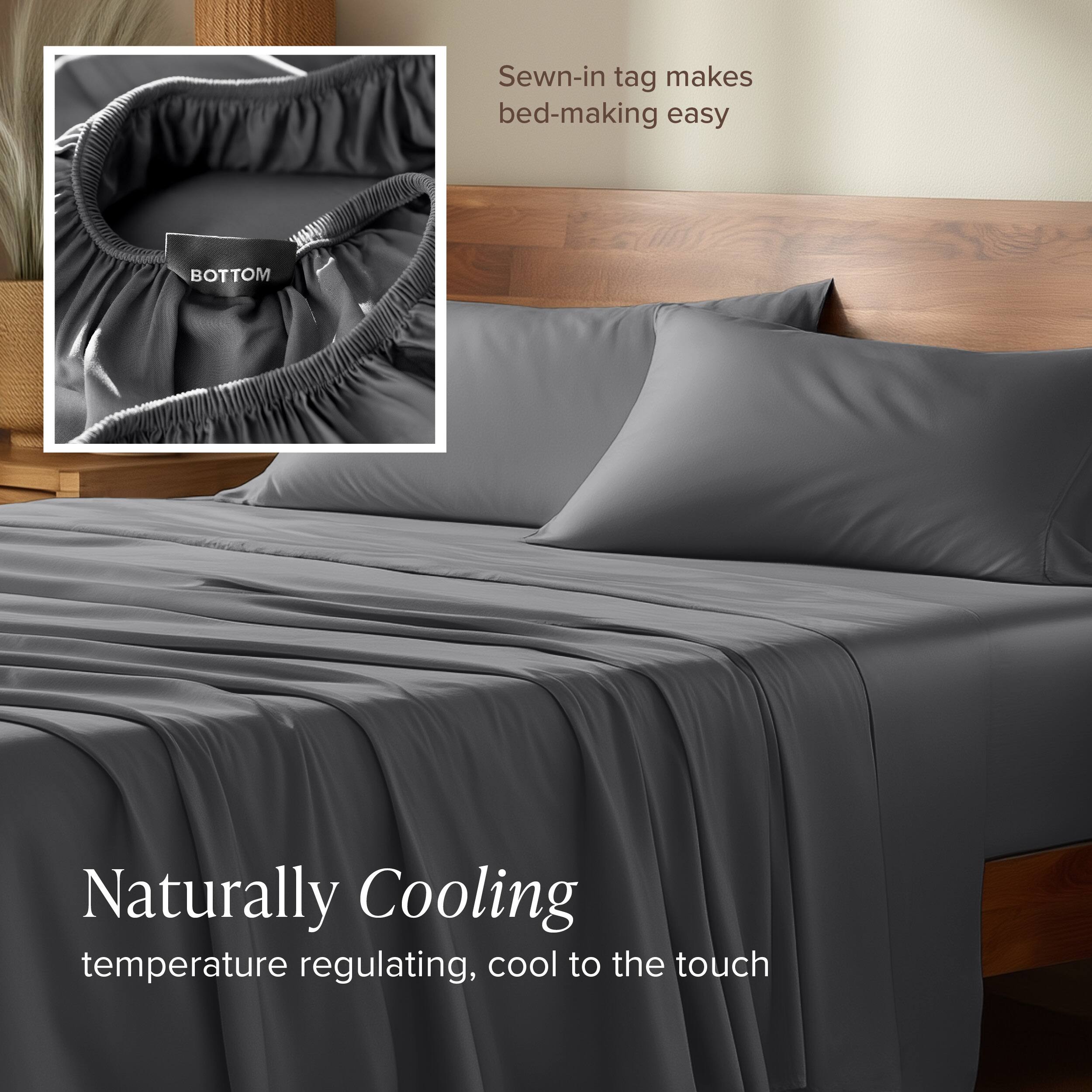 Sewn-in tag makes bed-making easy

Naturally Cooling  
temperature regulating, cool to the touch
