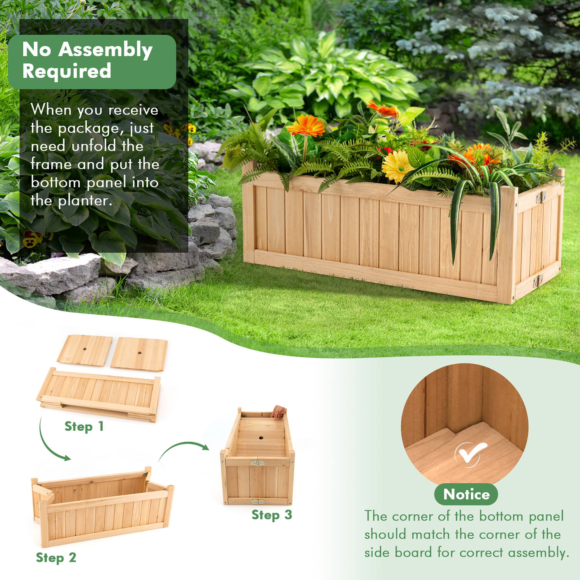 No Assembly Required: When you receive the package, just need to unfold the frame and put the bottom panel into the planter.

Step 1: Unfold the frame.
Step 2: Place the bottom panel into the planter.
Step 3: The corner of the bottom panel should match the corner of the side board for correct assembly.

Notice: The corner of the bottom panel should match the corner of the side board for correct assembly.
