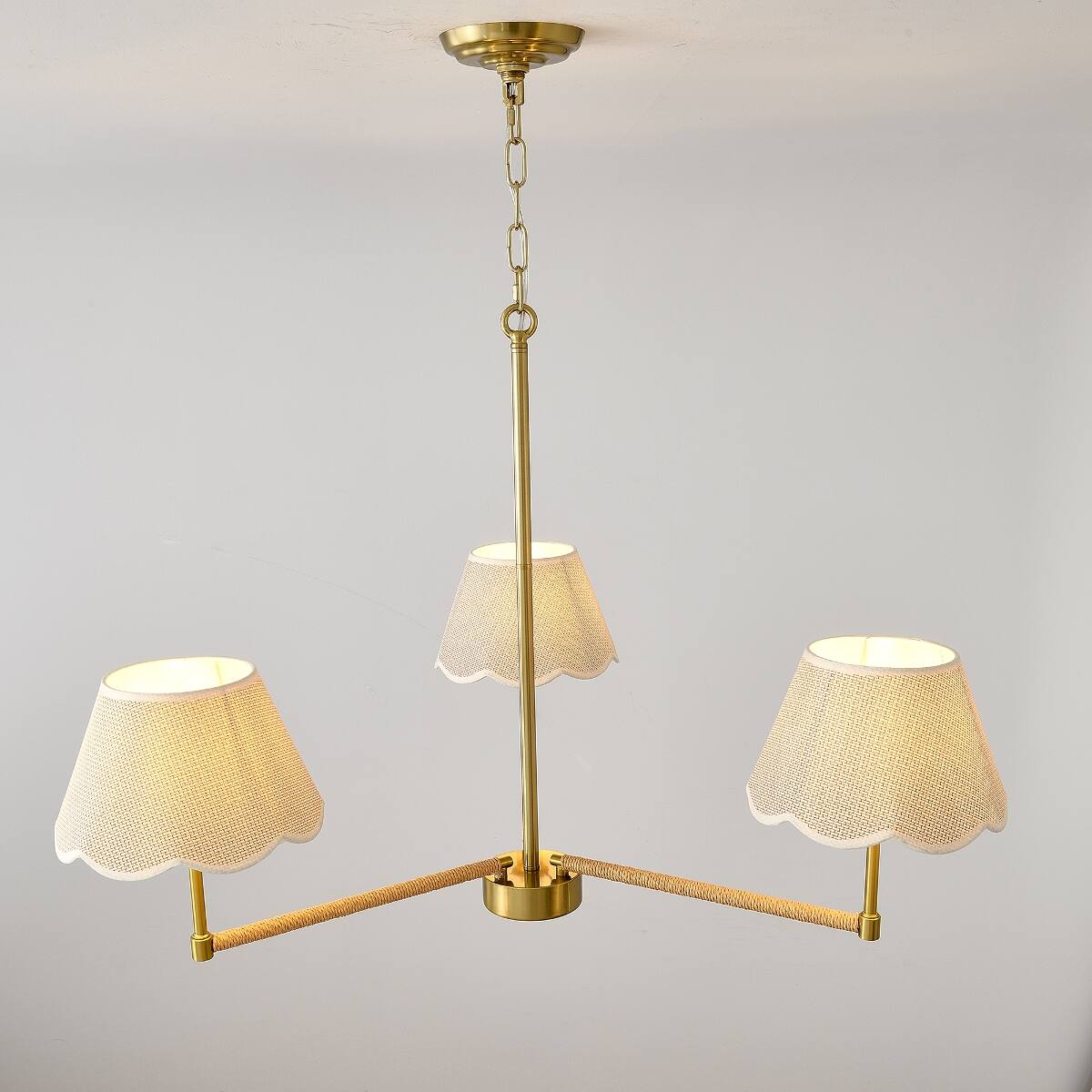 Back. Loheer - Loheer Three Light Gold Chandelier with Fabric Shades and Rope Accents for Dining Room or Living Room.