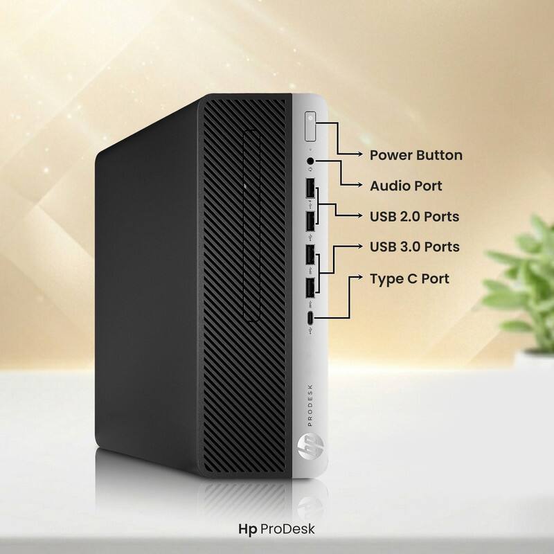 - Power Button
- Audio Port
- USB 2.0 Ports
- USB 3.0 Ports
- Type C Port

HP ProDesk