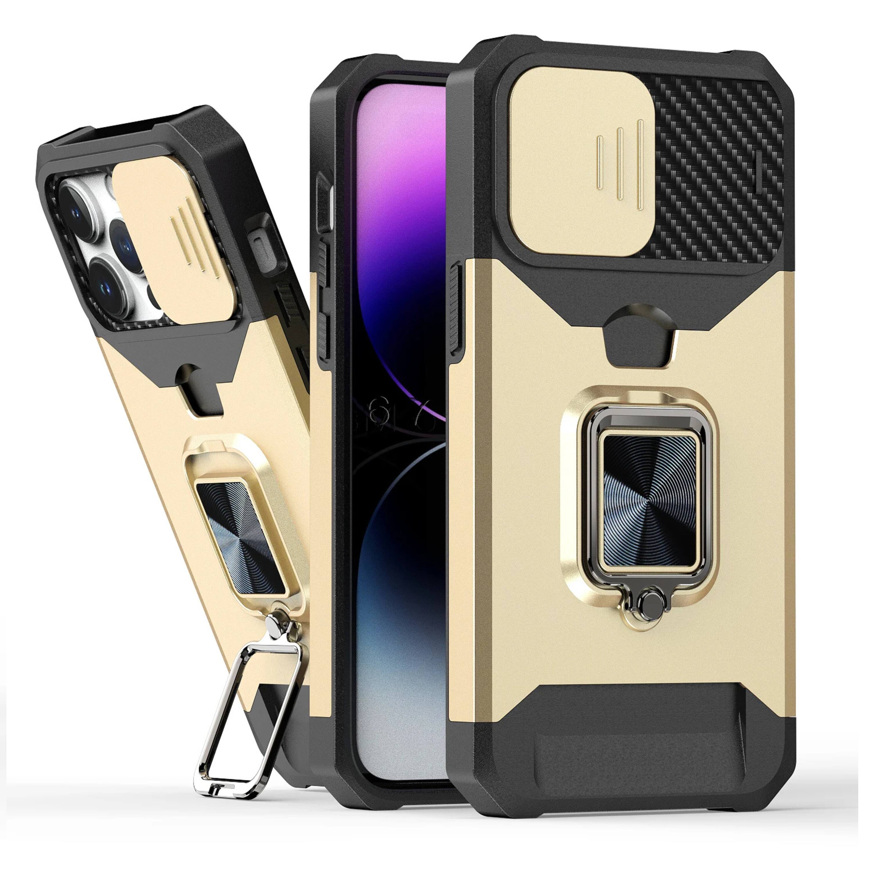 Angle. Kitcheniva - Multi Use Card Slot Magnetic Ring Stand Phone Case With 2 Screen Protectors For iPhone 15 Pro Max Gold - Gold.