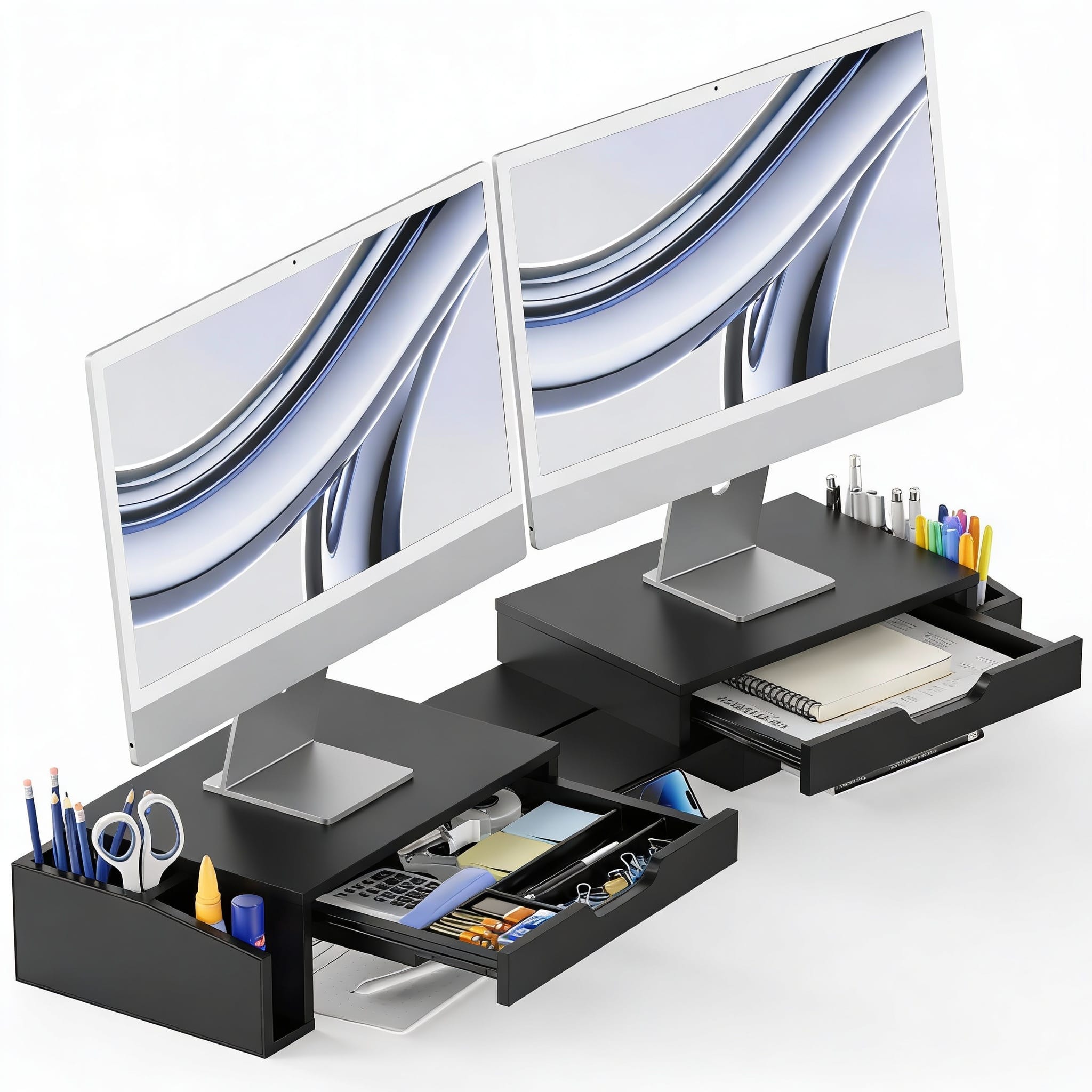 Frangdom - Dual Monitor Stand Riser with Pull-out Drawers - Black