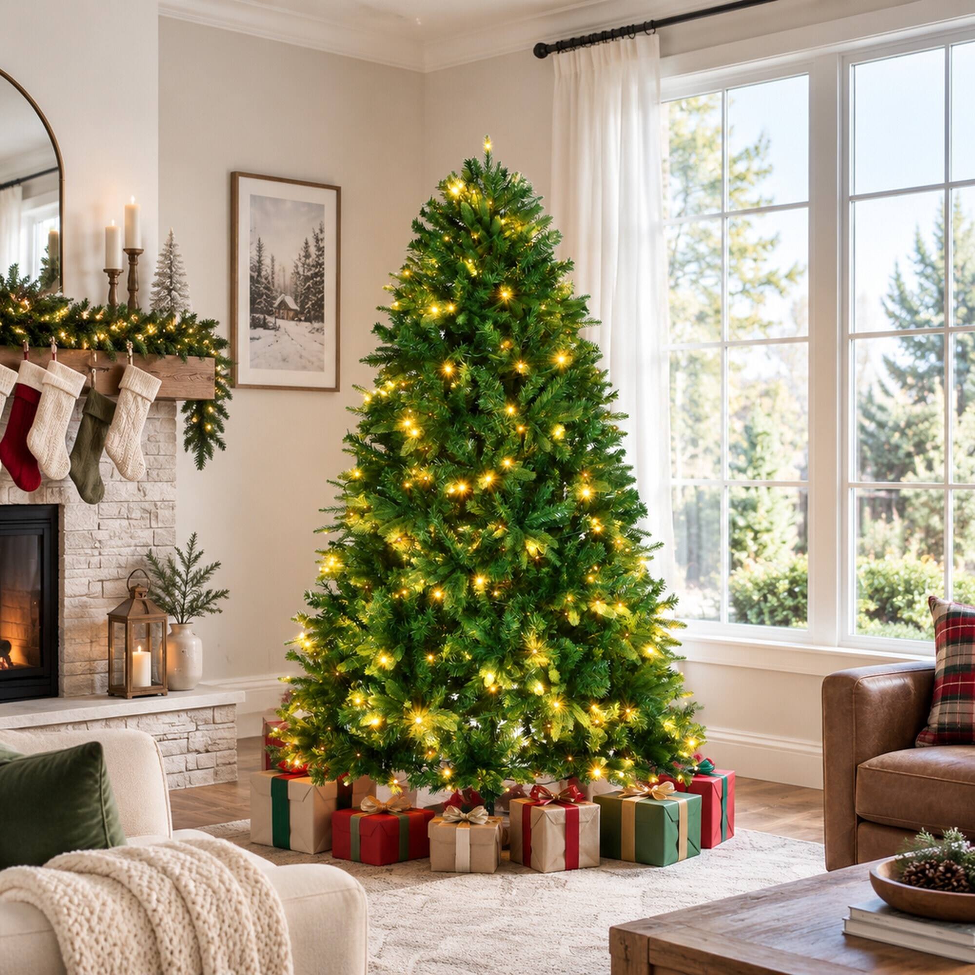 Back. RYHNUYNE - 6FT Pre-Lit Artificial Christmas Tree With 340 Warm White and Multi-Color Chasing LED Lights, PE and PVC Tips - Green.
