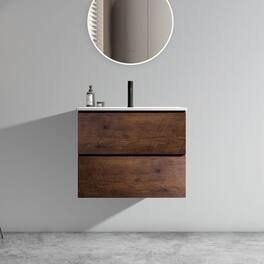 Boyel Living - 24 Inch Bathroom Vanity with Ceramic Sink, Large Storage, Floating Design, One-Piece Basin, Pre-Assembled - Walnut