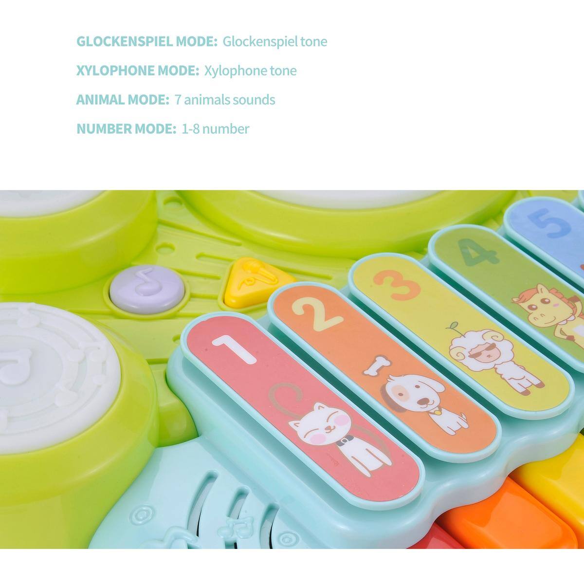GLOCKENSPIEL MODE: Glockenspiel tone  
XYLOPHONE MODE: Xylophone tone  
ANIMAL MODE: 7 animals sounds  
NUMBER MODE: 1-8 number