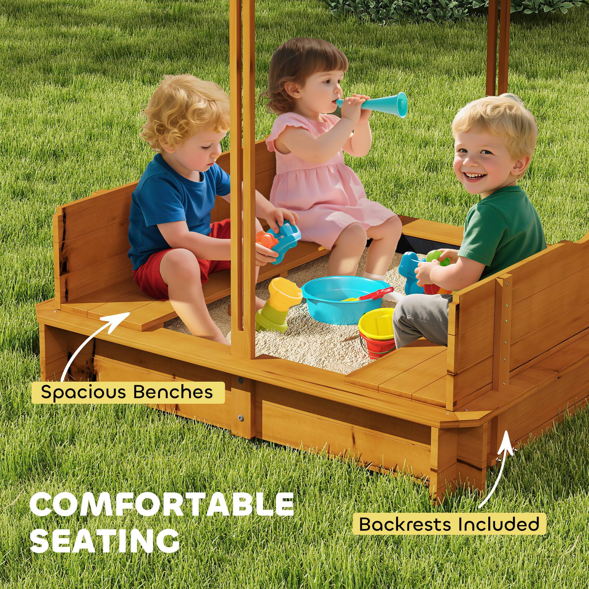 Alt View 4. Outsunny - Wooden Sandbox with Lid, Kids Sandbox with Canopy Outdoor, Sand Box with Foldable Bench Seats and Sand Protection.