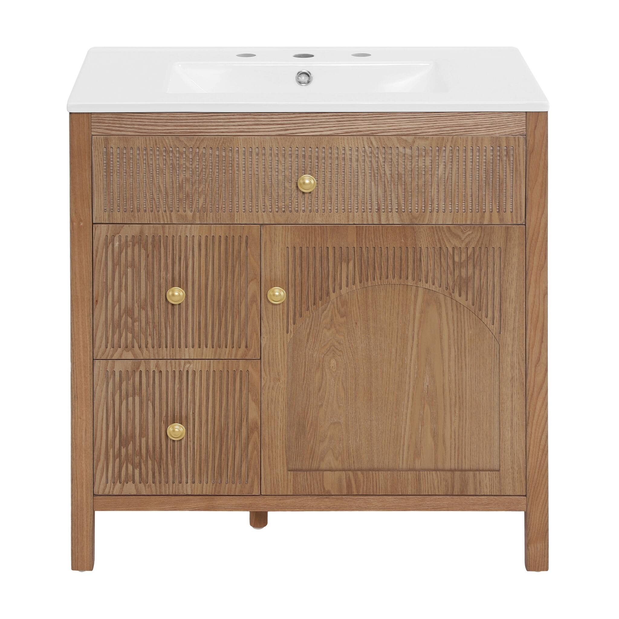Angle. JUJABU - 30 Inch Freestanding Farmhouse Bathroom Vanity with Integrated White Ceramic Sink Top and Soft Close Doors - Natural.