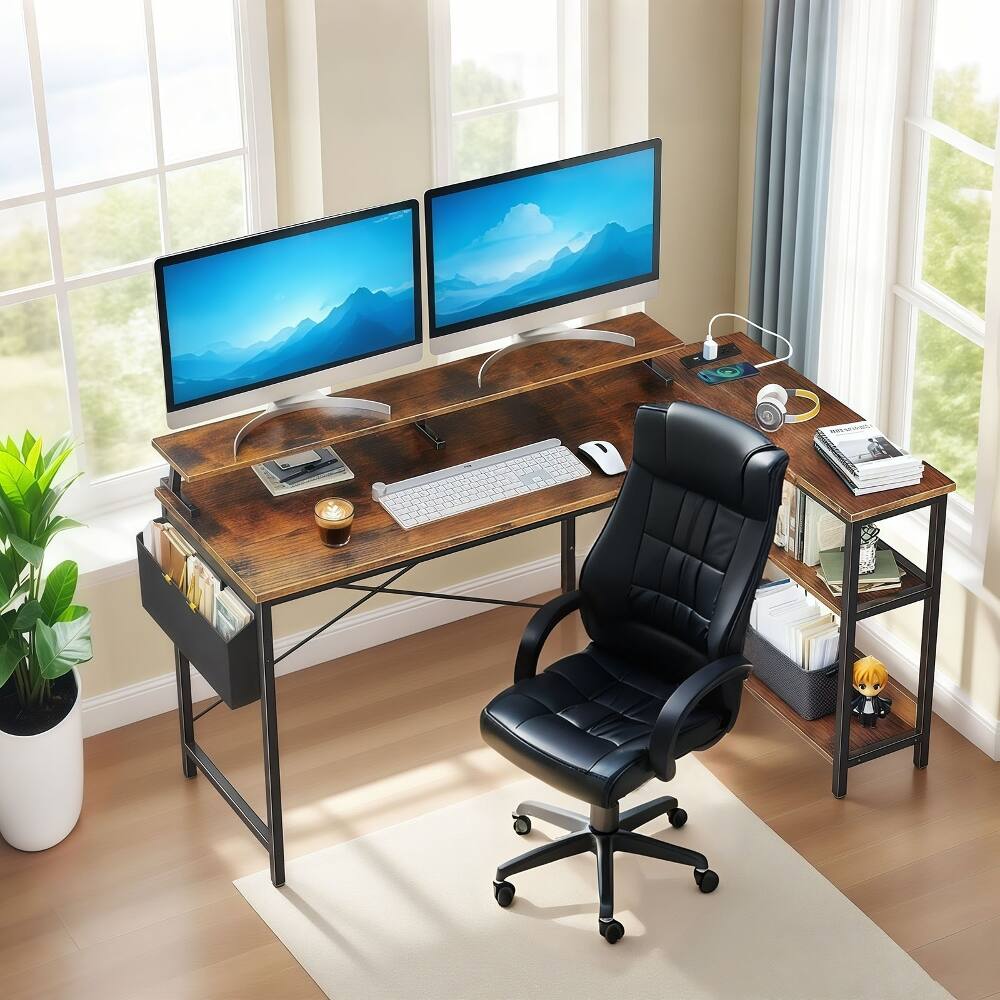 Angle. Loheer - Loheer 47 Inch Gaming Desk with Power Outlets, Reversible L Shaped Computer Desk with Monitor Stand & Storage Shelves - Vintage.
