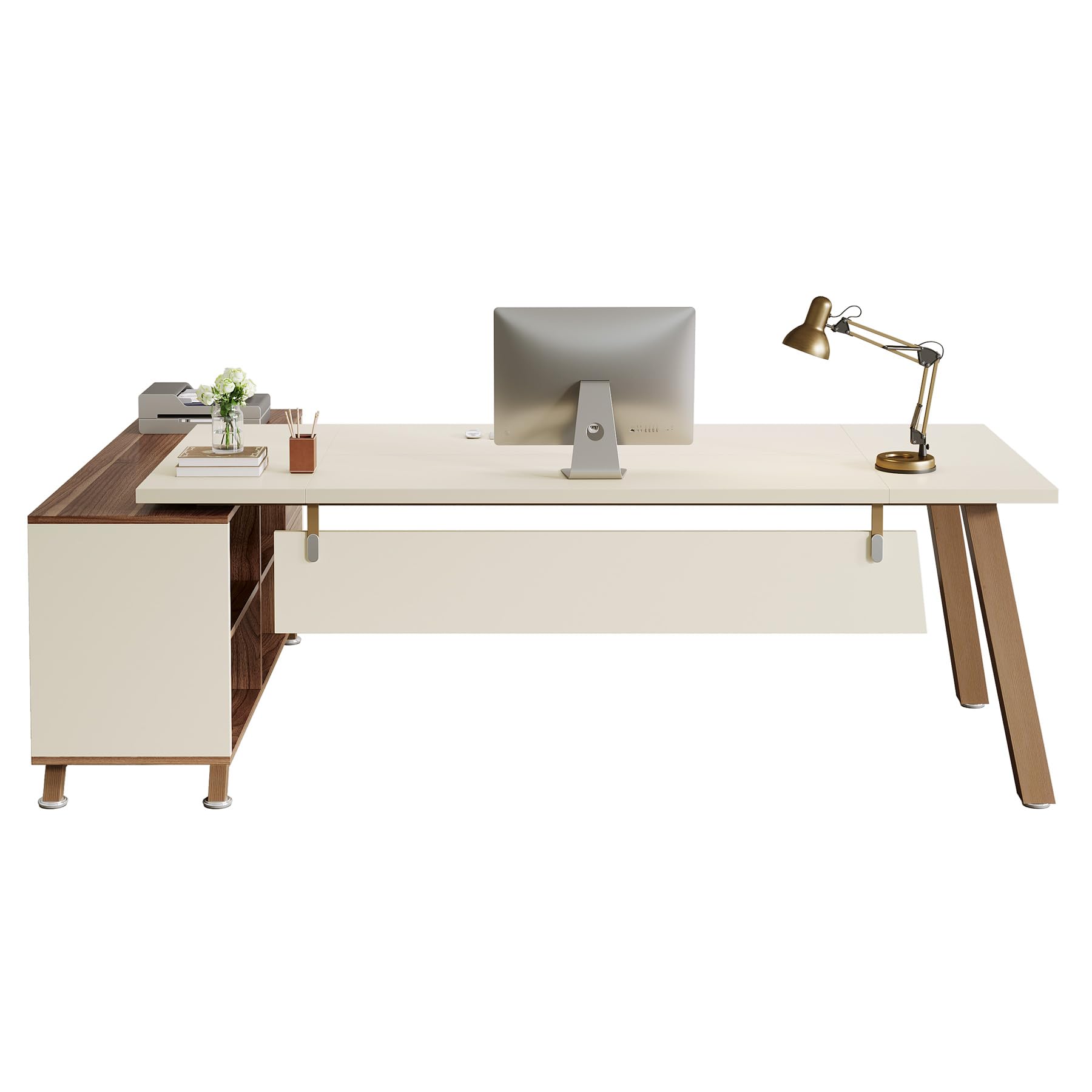 Alt View 4. Tribesigns - 78.7" L-Shaped Executive Desk, Modern Office Desk with File Drawers & Storage Shelves, Large Computer Desk with 55-Inch - Beige & Walnut.