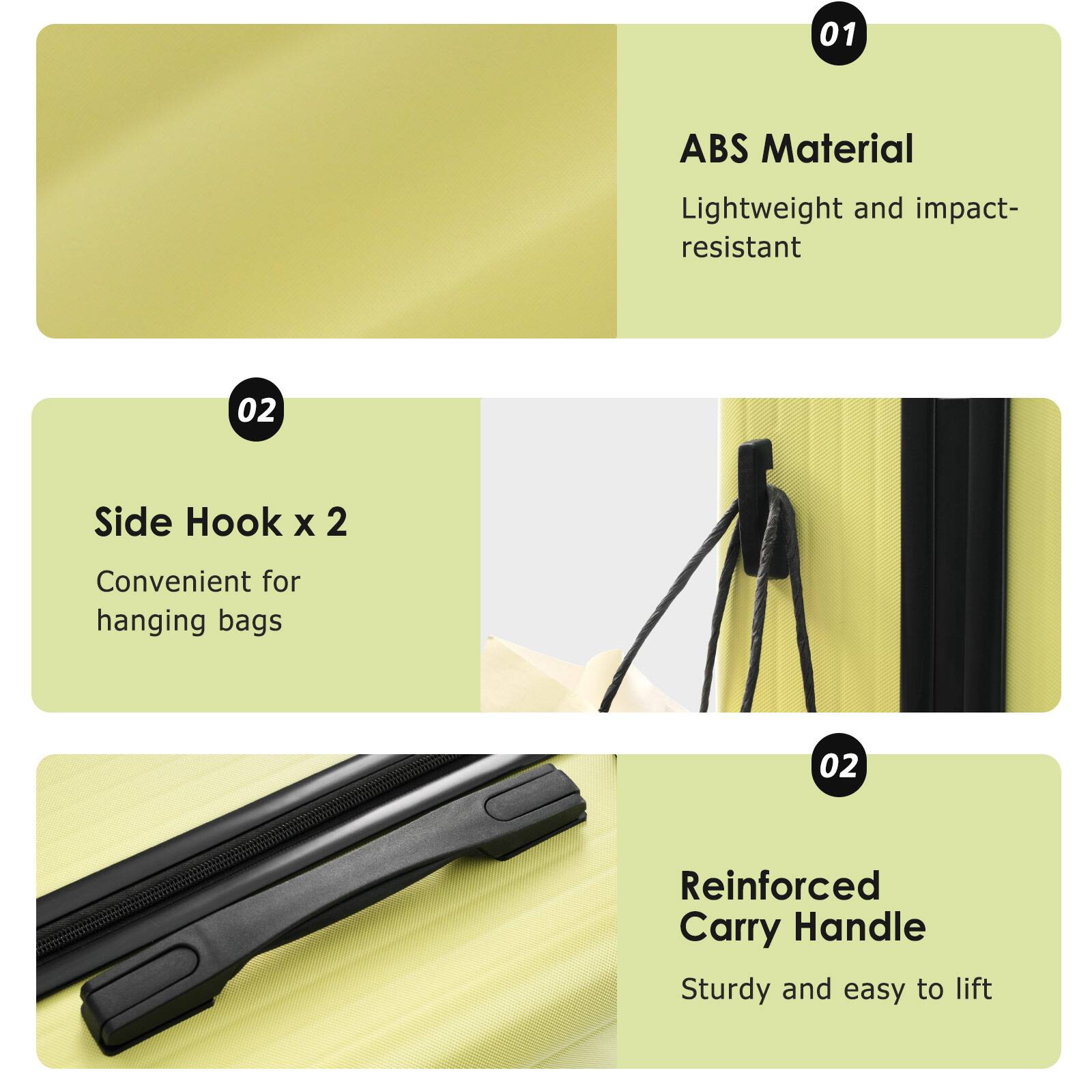 01 ABS Material  
Lightweight and impact-resistant  

02 Side Hook x 2  
Convenient for hanging bags  

02 Reinforced Carry Handle  
Sturdy and easy to lift