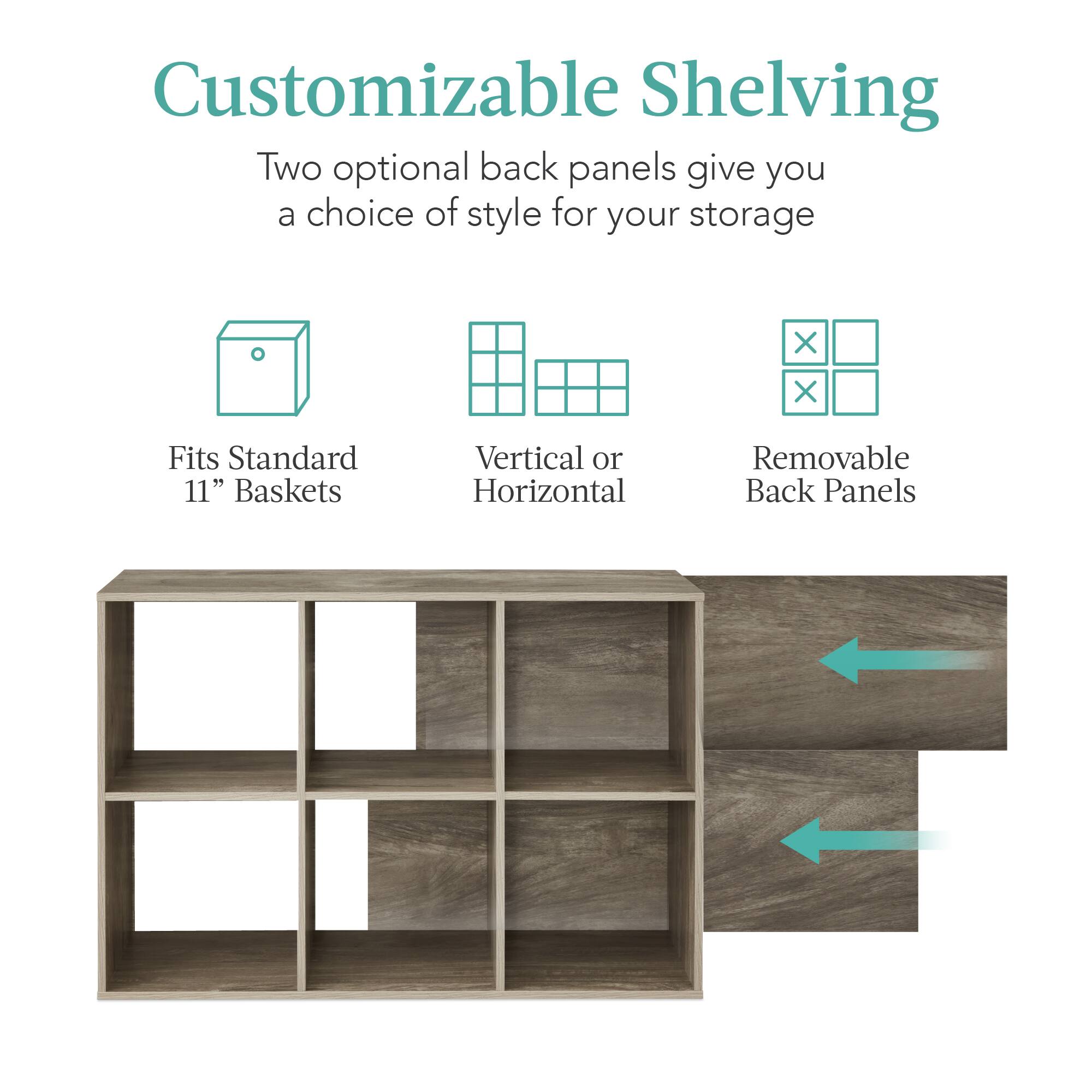 Customizable Shelving

Two optional back panels give you a choice of style for your storage.

- Fits Standard 11" Baskets
- Vertical or Horizontal
- Removable Back Panels