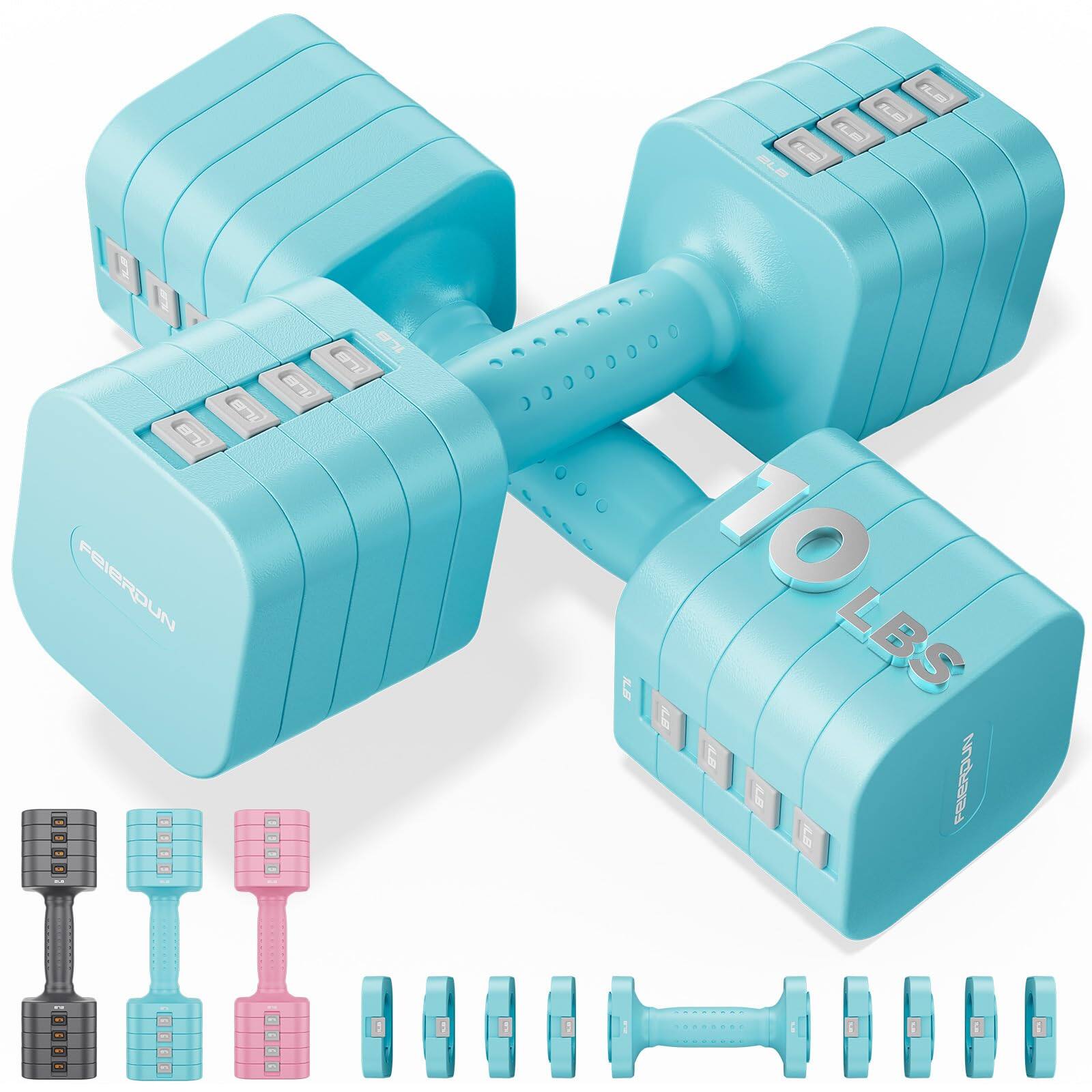 FEIERDUN - 5-in-1 Adjustable Dumbbell Set of 2, 20LBS Hand Weights for Women, 1s-Adjust Dual-Stable Dumbbell Set - Blue price history on PriceWatchPro