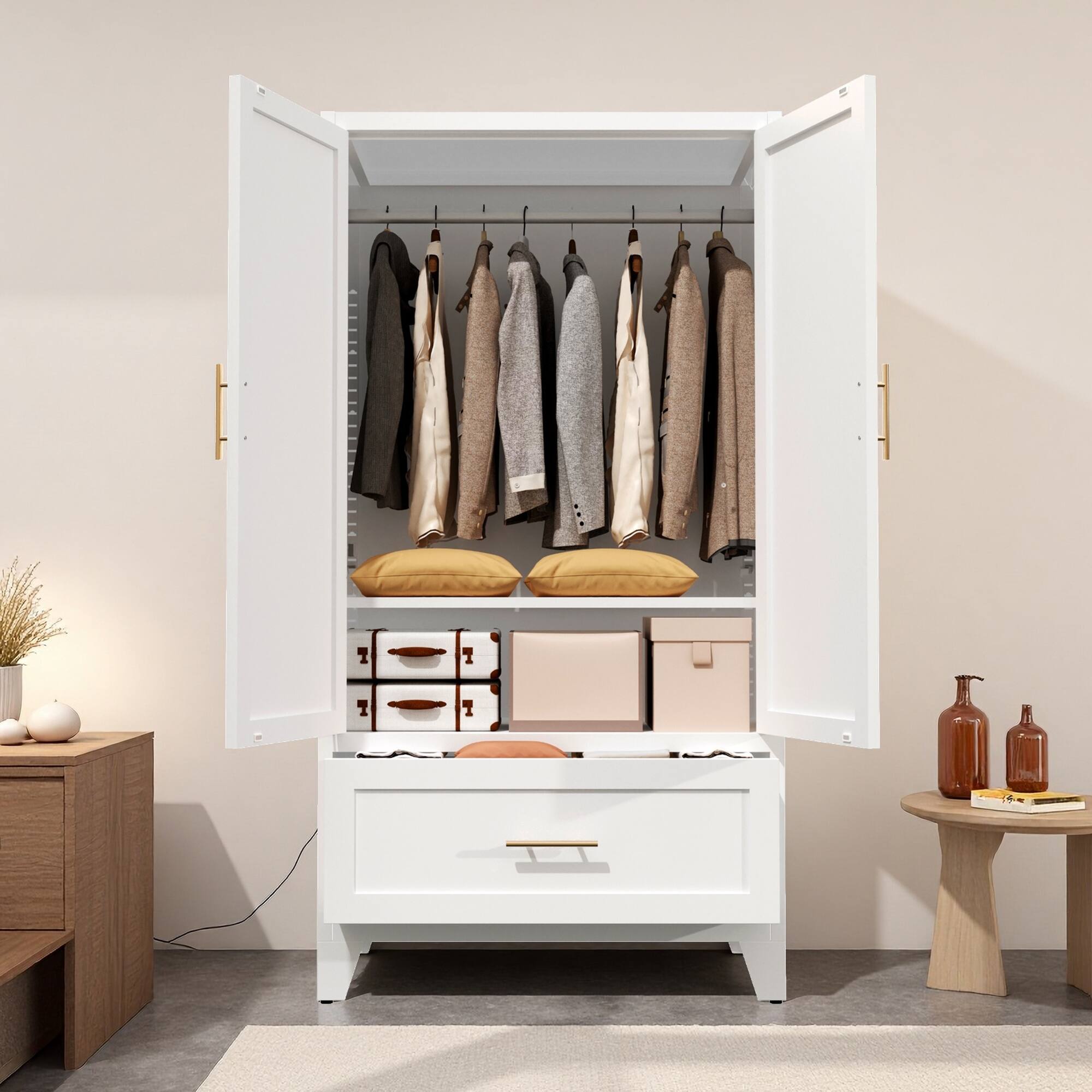 Left. Z-Edge - Metal Wardrobe Cabinet with Drawer and 2 Doors, 60" Tall Steel Armoire Wardrobe Closet with Hanging Rod for Bedroom - White.