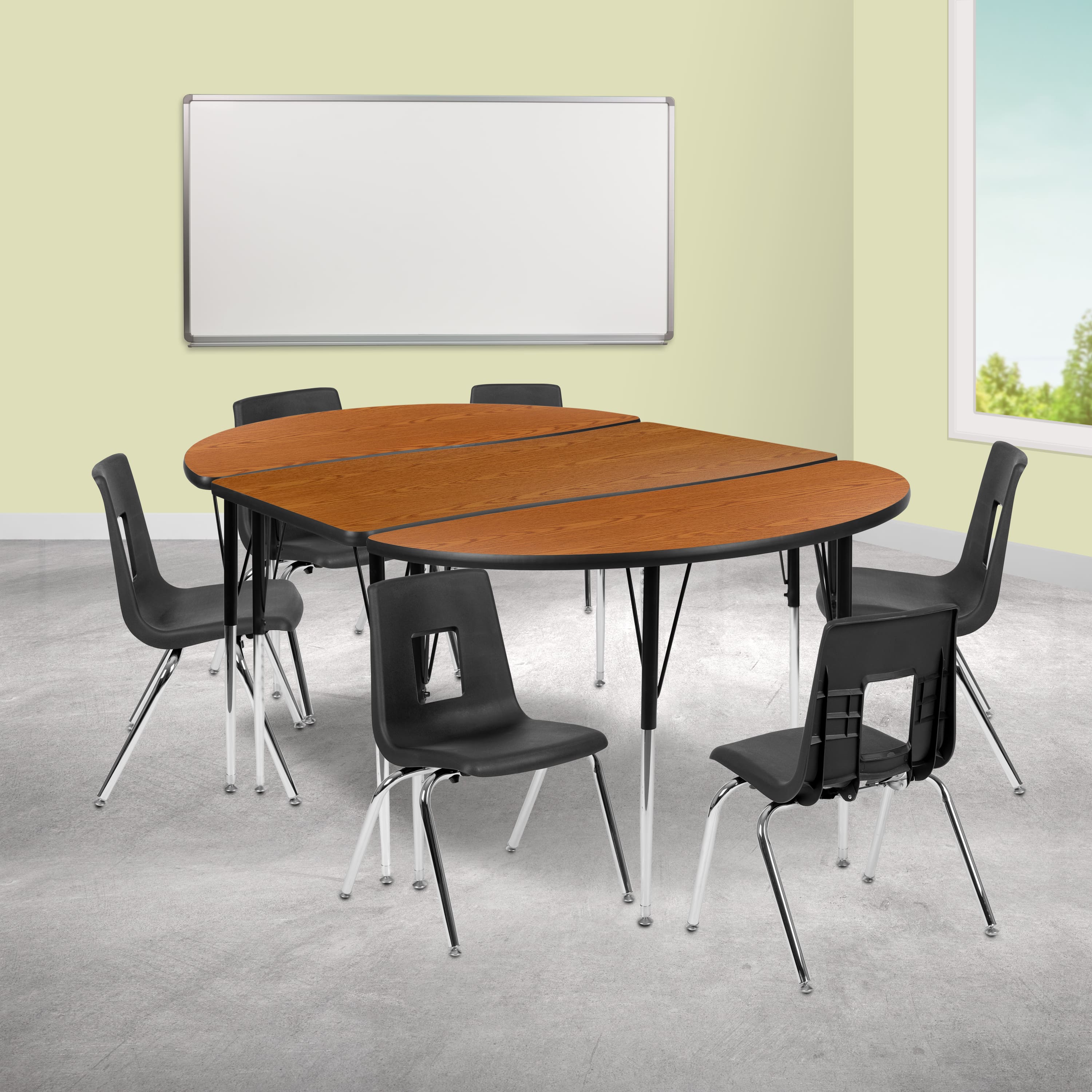 "Emma + Oliver - 76"" Oval Wave Collaborative Laminate Activity Table Set with 16"" Student Stack Chairs, Grey/Black - Oak" price history on PriceWatchPro