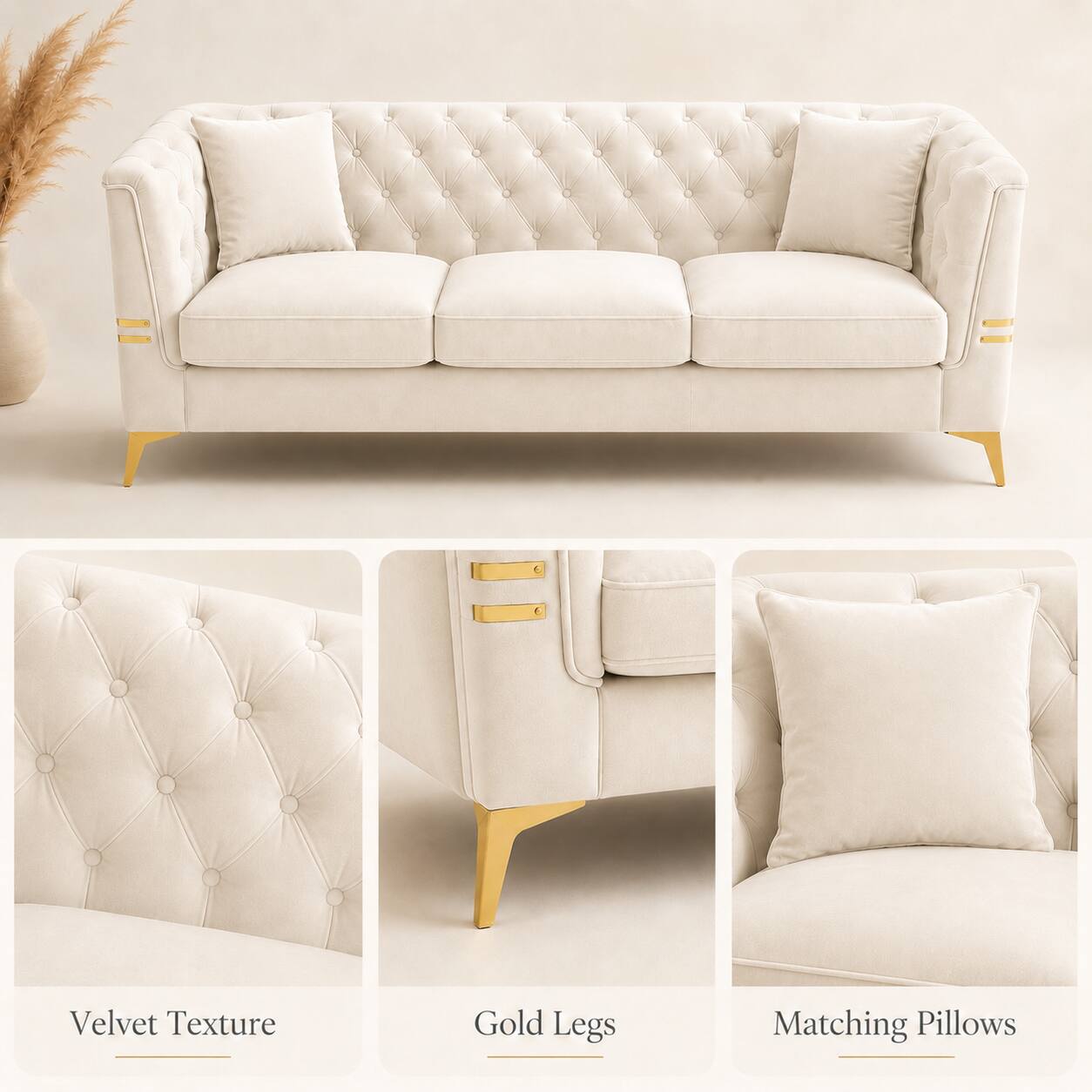 Velvet Texture Gold Legs Matching Pillows