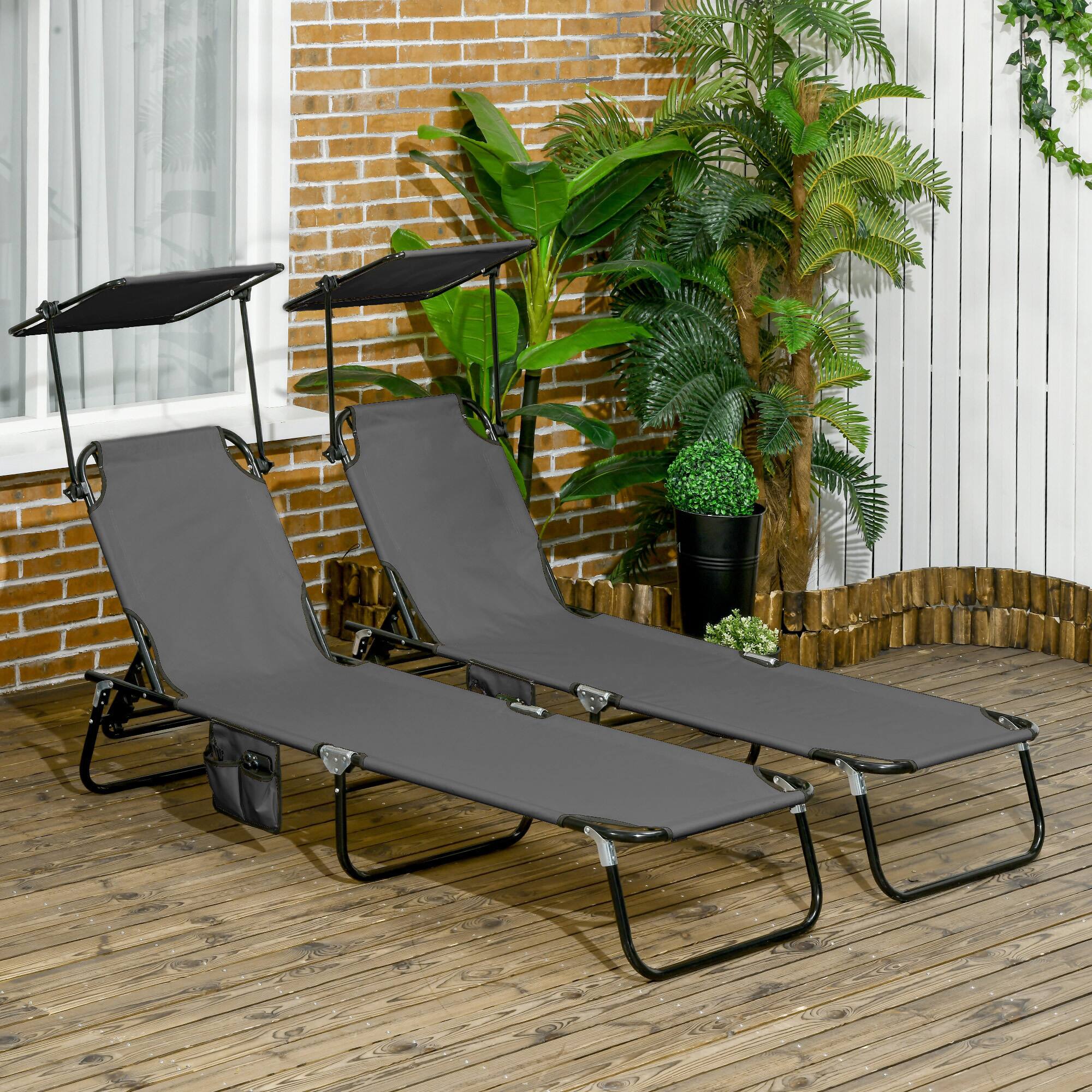 Alt View 1. Outsunny - Chaise Lounge Chairs Set of 2, Folding Lounge Chairs with Sunshade, Reclining Back, Steel Frame - Dark Gray.