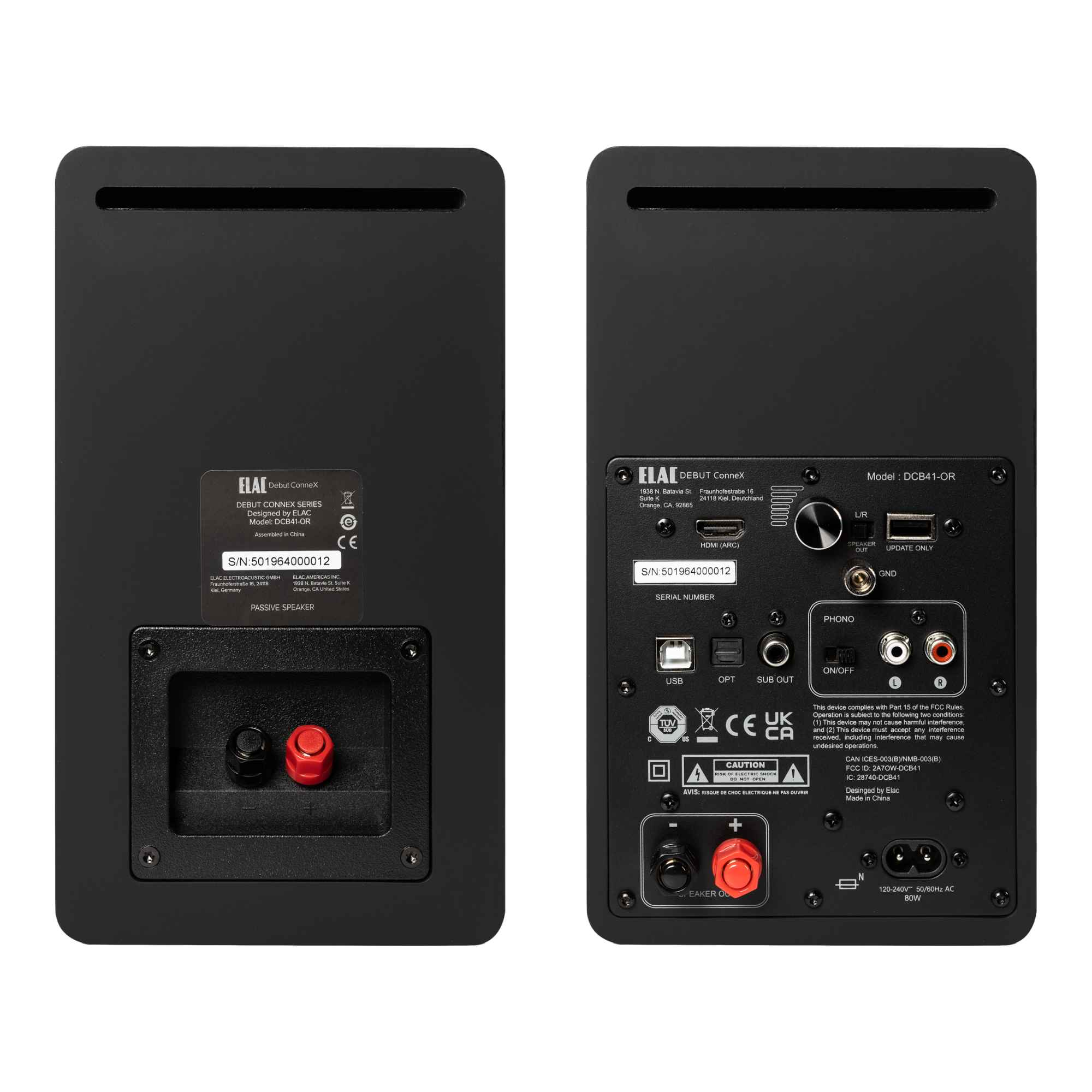 ELAI  
DEBUT ConnectX  
DEBUT CONNECT SERIES  
Model: DCB41-OR  
Assembled in China  

S/N: 501964000012  

PASSIVE SPEAKER  

USB  
OPT  
SUB OUT  
PHONO  
OUT  
GND  

ON/OFF  

CAUTION  
AVX1500  
Designed by ELAC  

120-240V~50/60Hz  

S/N: 501964000012  

This device complies with Part 15 of the FCC Rules.  
Operation is subject to the following two conditions:  
(1) This device may not cause harmful interference, and  
(2) this device must accept any interference received,  
including interference that may cause undesired operation.  
This declaration is in accordance with the requirements of  
the FCC Rules.  

IC: 2949A-DCB41  
IC: 2949A-DCB41  

Designed by ELAC