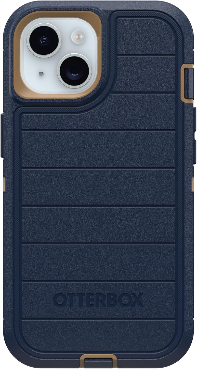 Left. OtterBox - OtterBox - Defender Series Pro Hard Shell for Apple iPhone 17e, iPhone 16e, iPhone 15, iPhone 14, iPhone 13 - Blue Suede Shoes.
