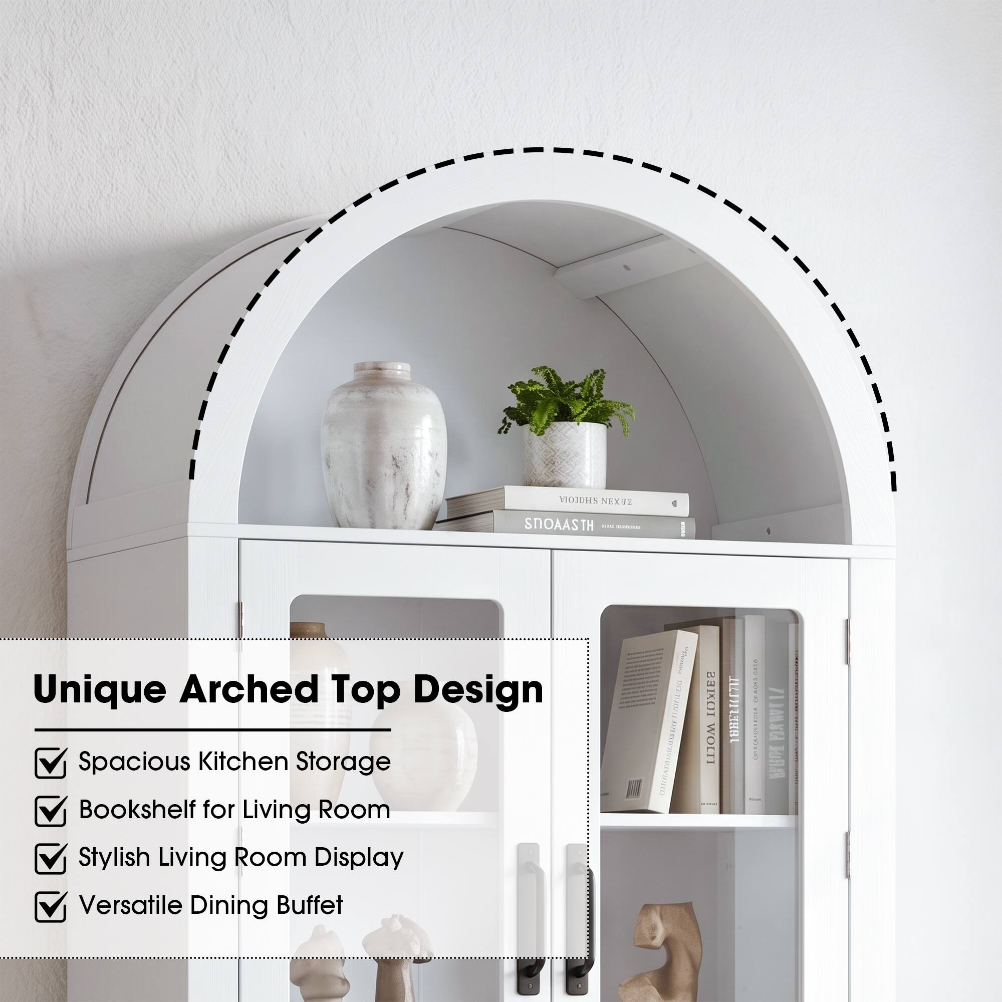 Unique Arched Top Design Spacious Kitchen Storage Bookshelf for Living Room Stylish Living Room Display Versatile Dining Buffet