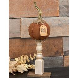 Angle. BreeBe - Primitive Mossy Top Pumpkin on Pedestal - 16"H - Dark Orange, natural.
