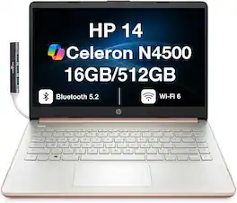 HP - Upgraded - 14 Laptop 14.0 HD (Intel Celeron N4500, 16GB DDR4, 512GB PCIe SSD, Intel UHD, Win 11 Pro) w/USB Hub - Pale Rose Gold Natural Silver