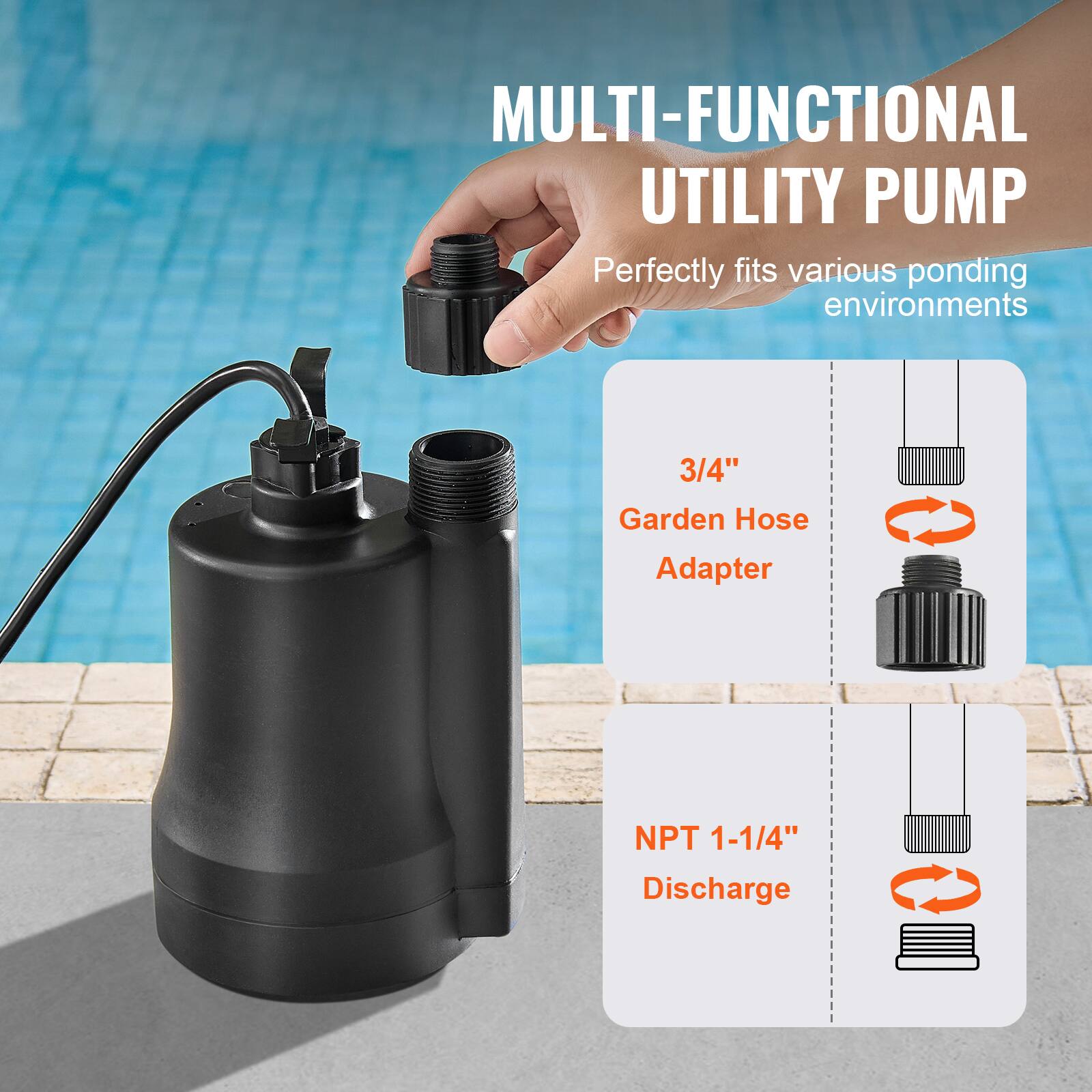 MULTI-FUNCTIONAL UTILITY PUMP  
Perfectly fits various ponding environments  
3/4" Garden Hose Adapter  
NPT 1-1/4" Discharge