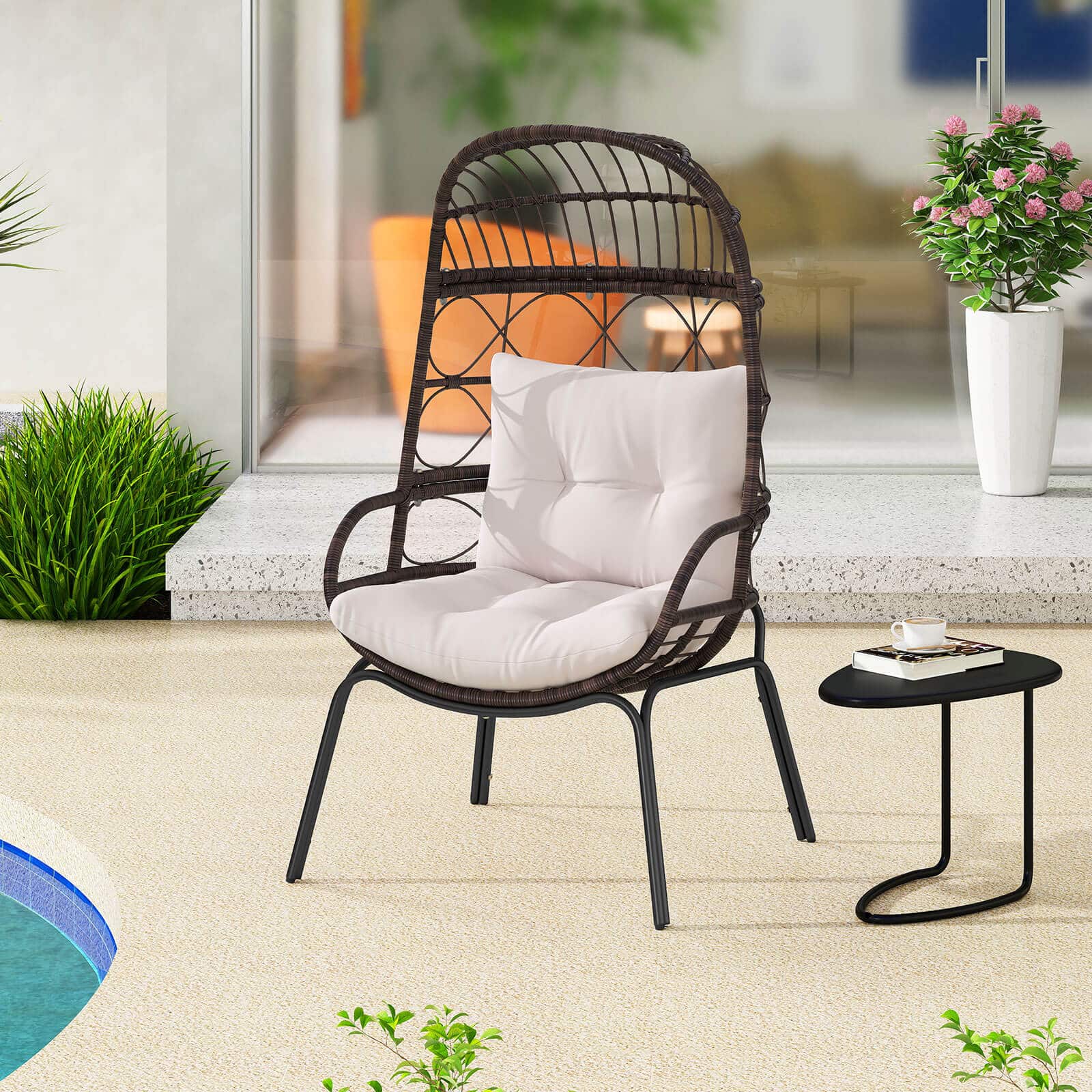 Costway - Patio Wicker Rattan Egg Chair with Seat & Back Cushions Metal Indoor Outdoor - Brown