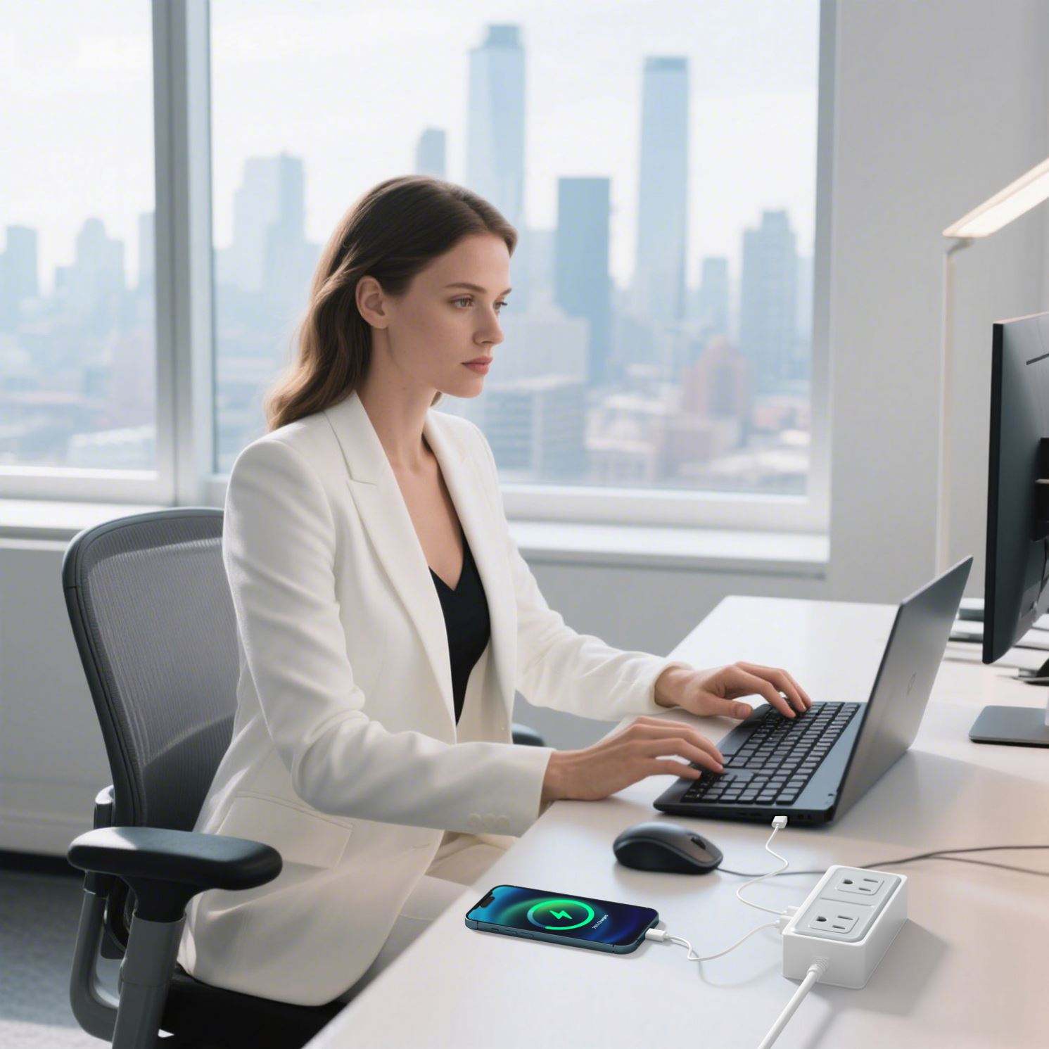 Alt View 4. Cluzine - Multi-Outlet Power Strip with USB-C, Surge Protection & Extension Cord - White.