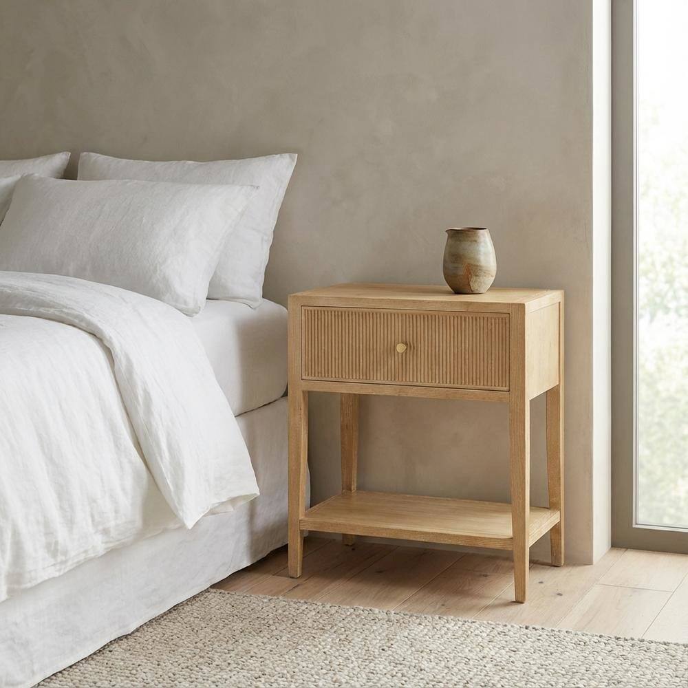Left. FurniFact - Wood Nightstand with Gold Hardware, Coastal, Scandinavian Style, Single Drawer - Brown.