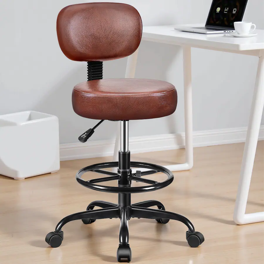 KERDOM Height Adjustable Drafting Chair with Footrest Removable Back, PU Leather Swivel Stool with Wheels for Office, Salon Ember Brown