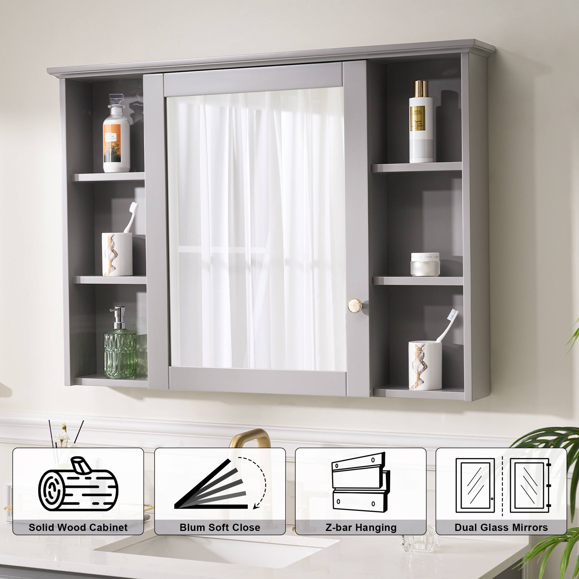 Solid Wood Cabinet Blum Soft Close Z-bar Hanging Dual Glass Mirrors