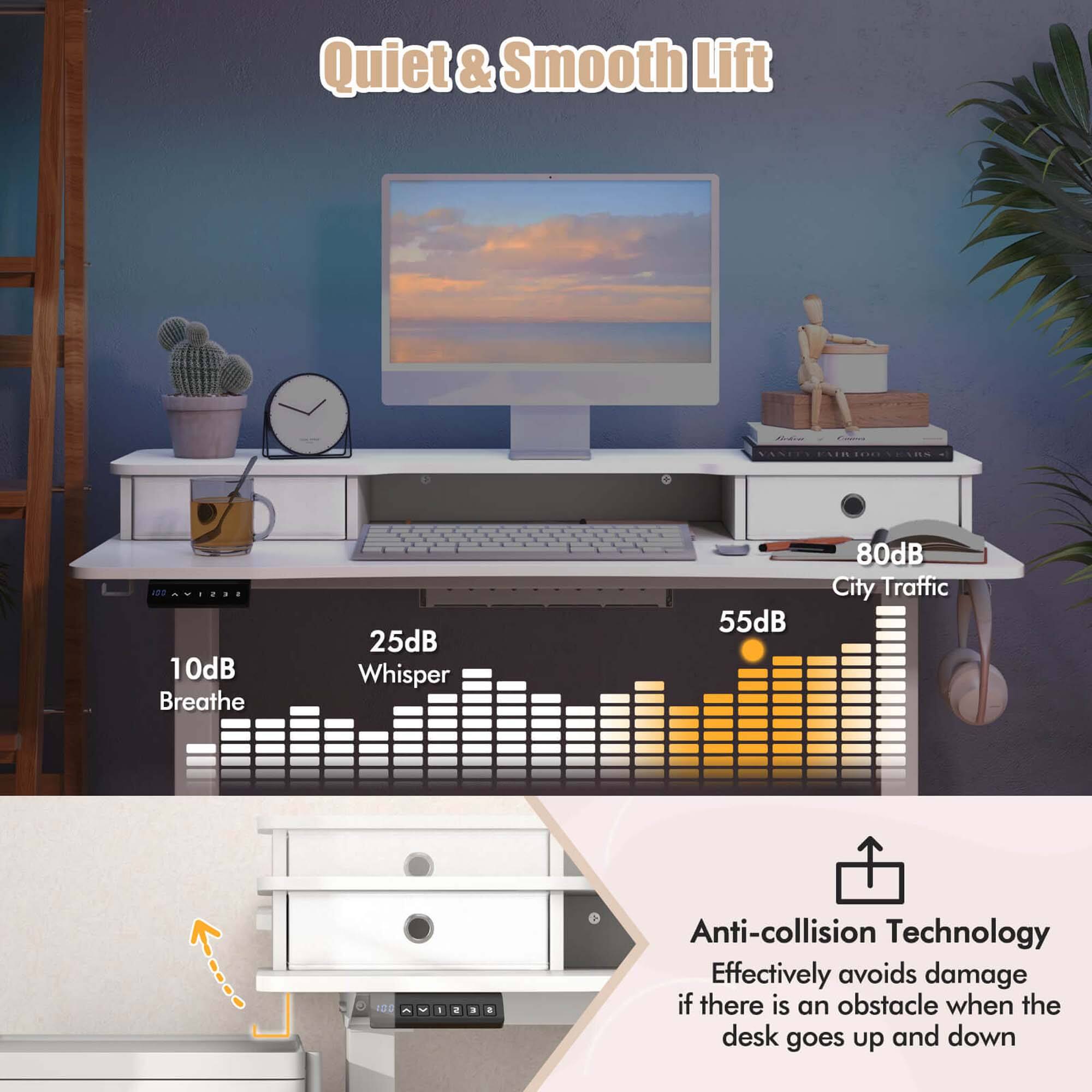 Quiet & Smooth Lift

10dB Breathe  
25dB Whisper  
55dB  
80dB City Traffic

Anti-collision Technology  
Effectively avoids damage if there is an obstacle when the desk goes up and down